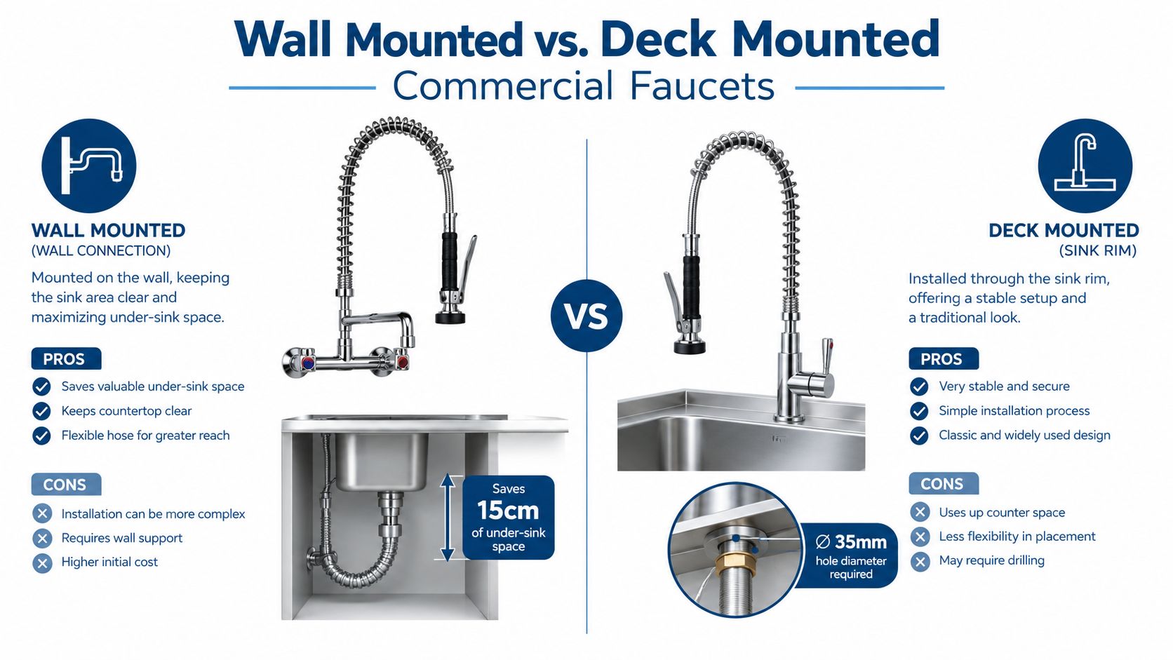 A comparison infographic between wall mounted and deck mounted commercial kitchen faucets with sprayer hardware.