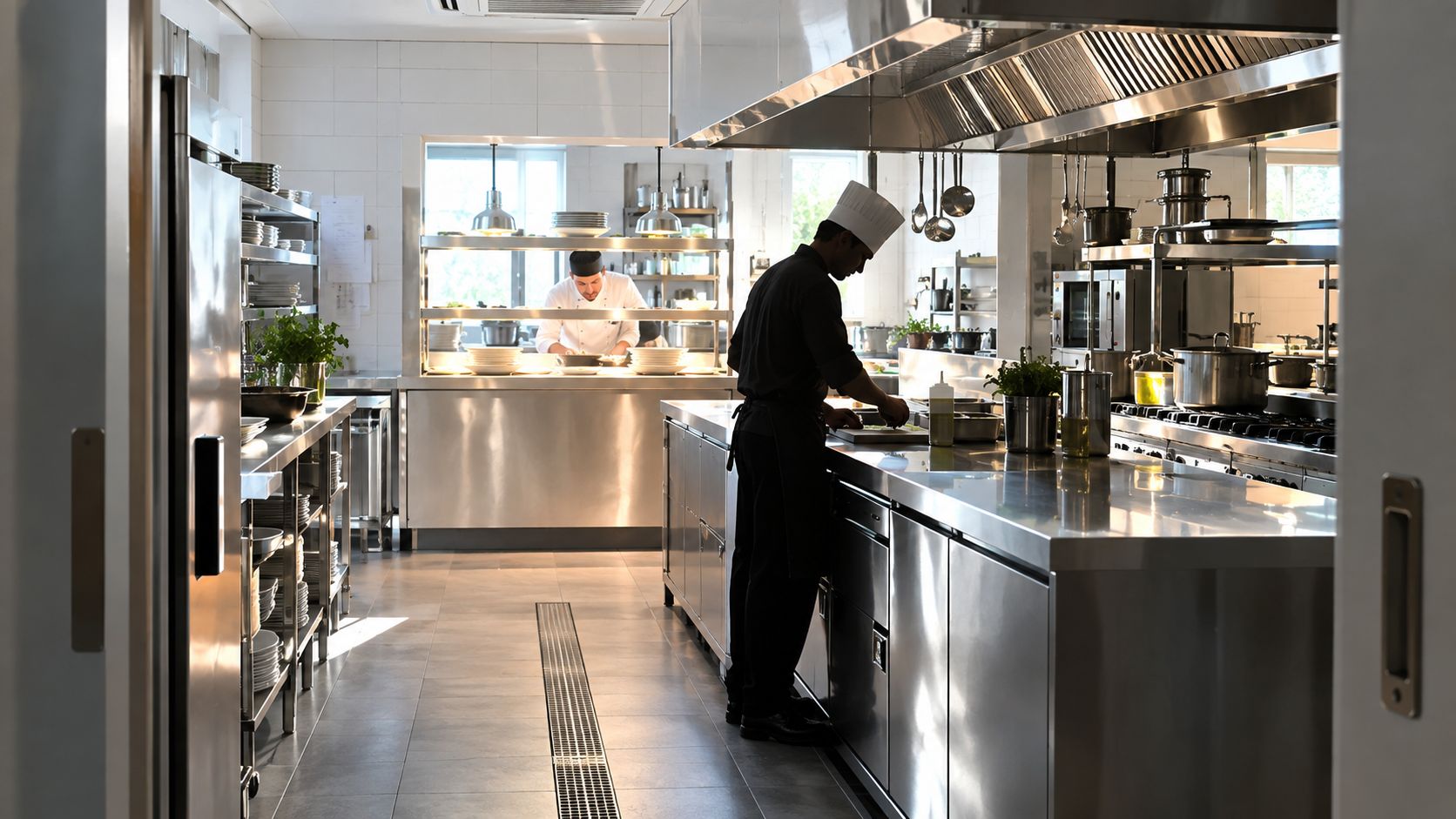 Two professional chefs working efficiently in a clean, modern, and stainless steel equipped commercial restaurant kitchen.