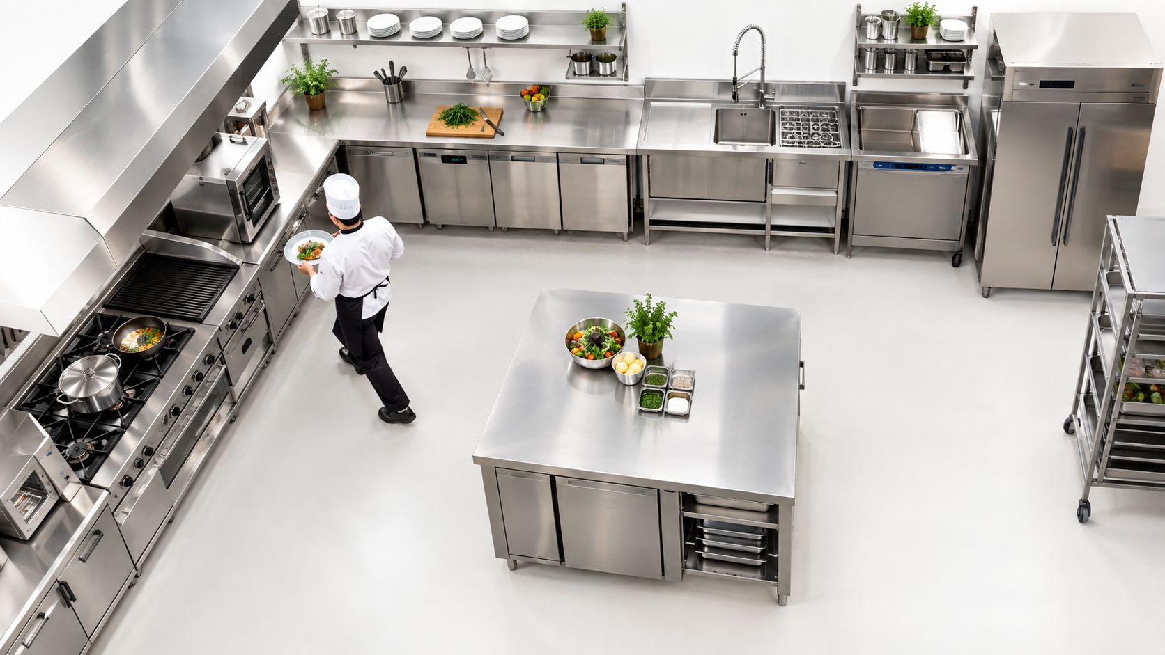 A professional chef in a clean, modern stainless steel commercial kitchen prepares dishes for service.