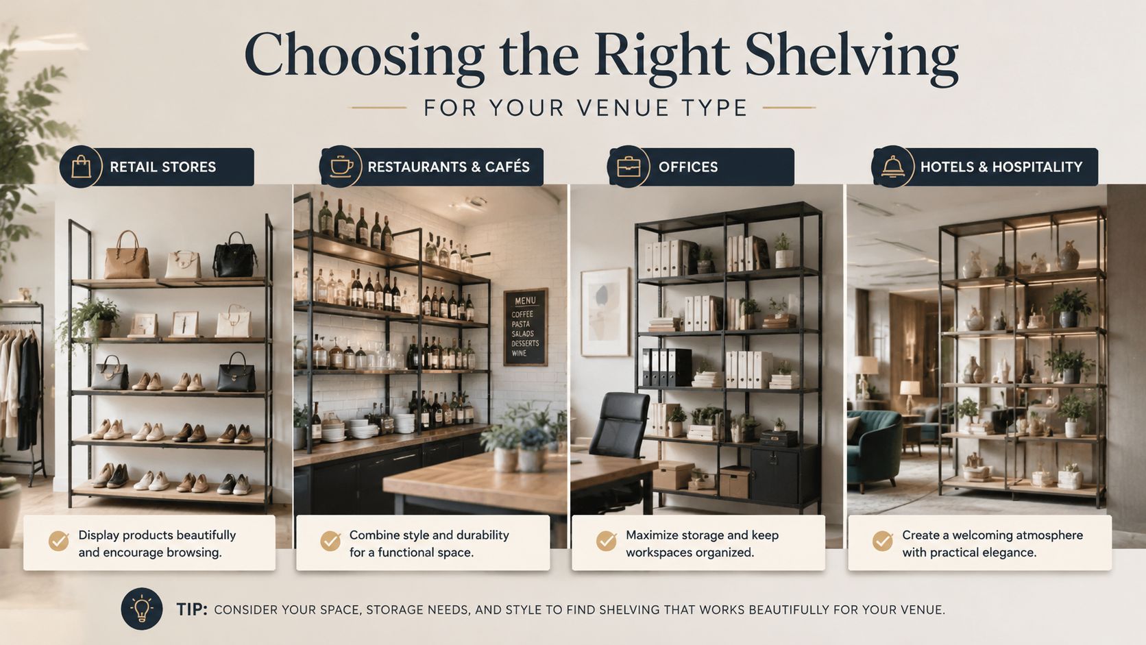 An infographic displaying various stylish shelving solutions for retail stores, restaurants, offices, and hotels.