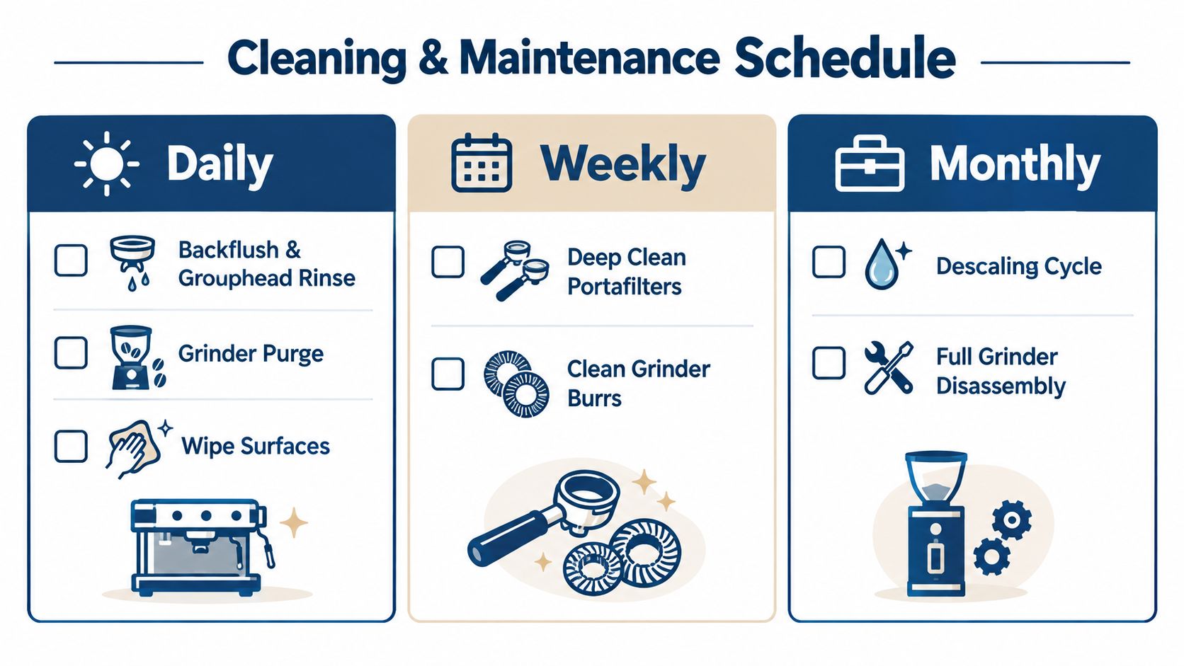 A visual guide outlining the daily, weekly, and monthly cleaning and maintenance schedule for espresso machines and grinders.