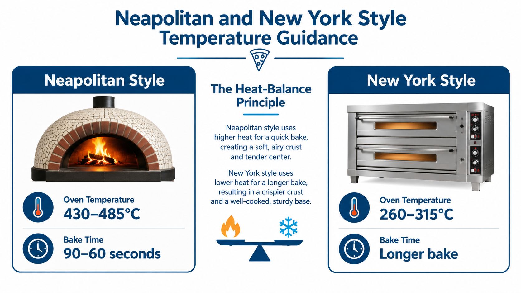A comparison chart showing oven temperatures and bake times for Neapolitan versus New York style pizza.