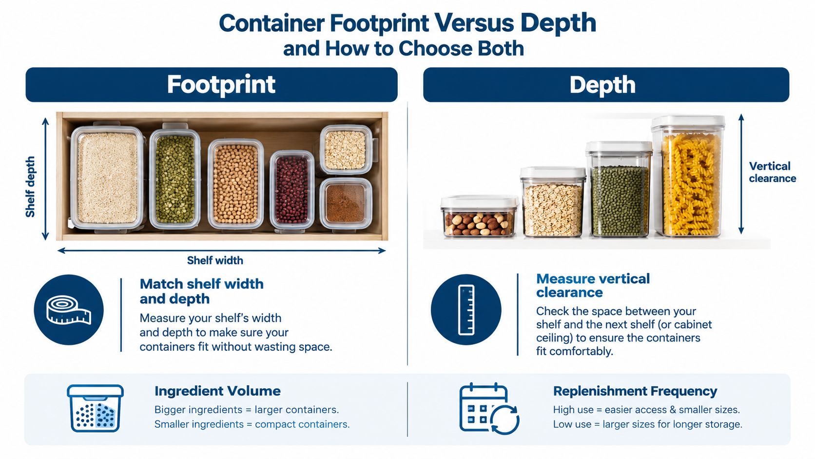 A guide explaining how to measure shelves and choose the right size for stackable storage containers.
