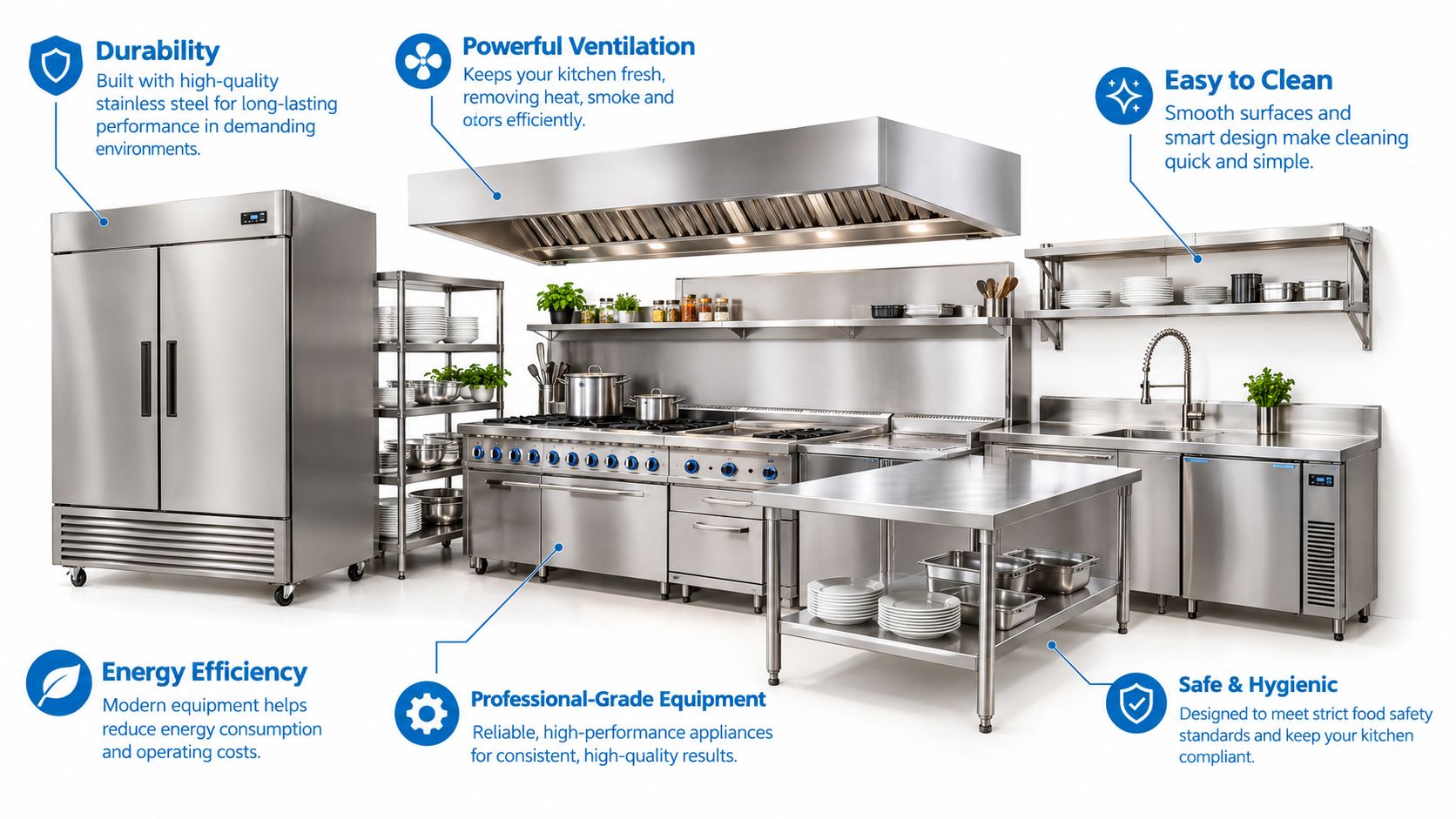 A professional stainless steel commercial kitchen setup featuring a refrigerator, stove, ventilation hood, and prep tables.
