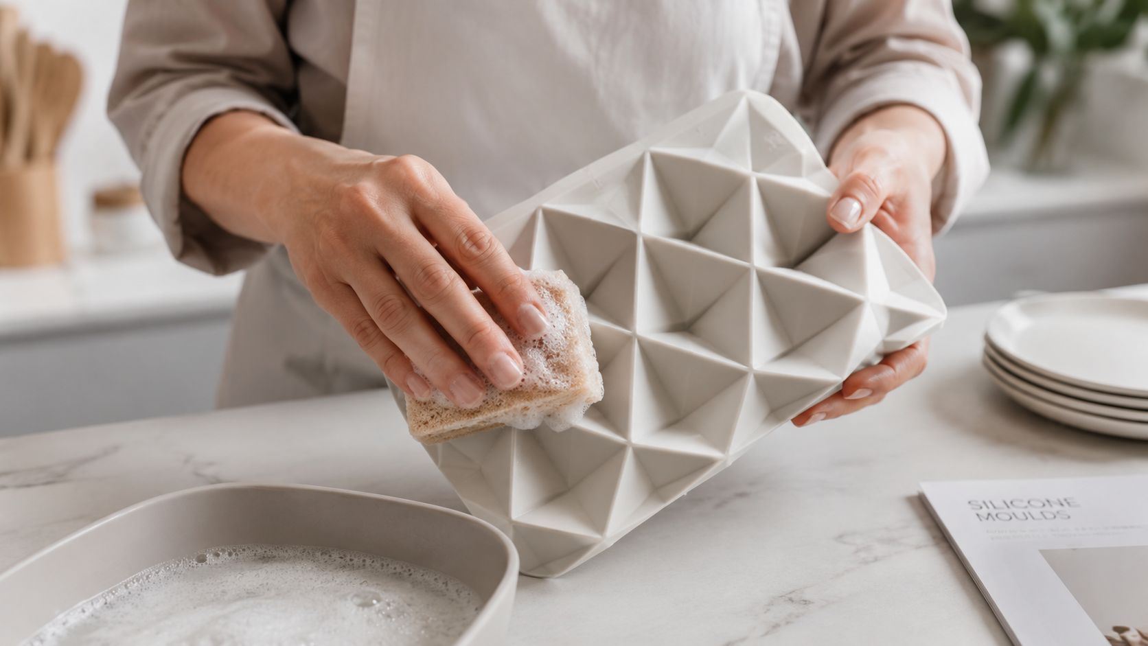 A person washing a white geometric silicone mould with a soapy sponge in a kitchen setting.