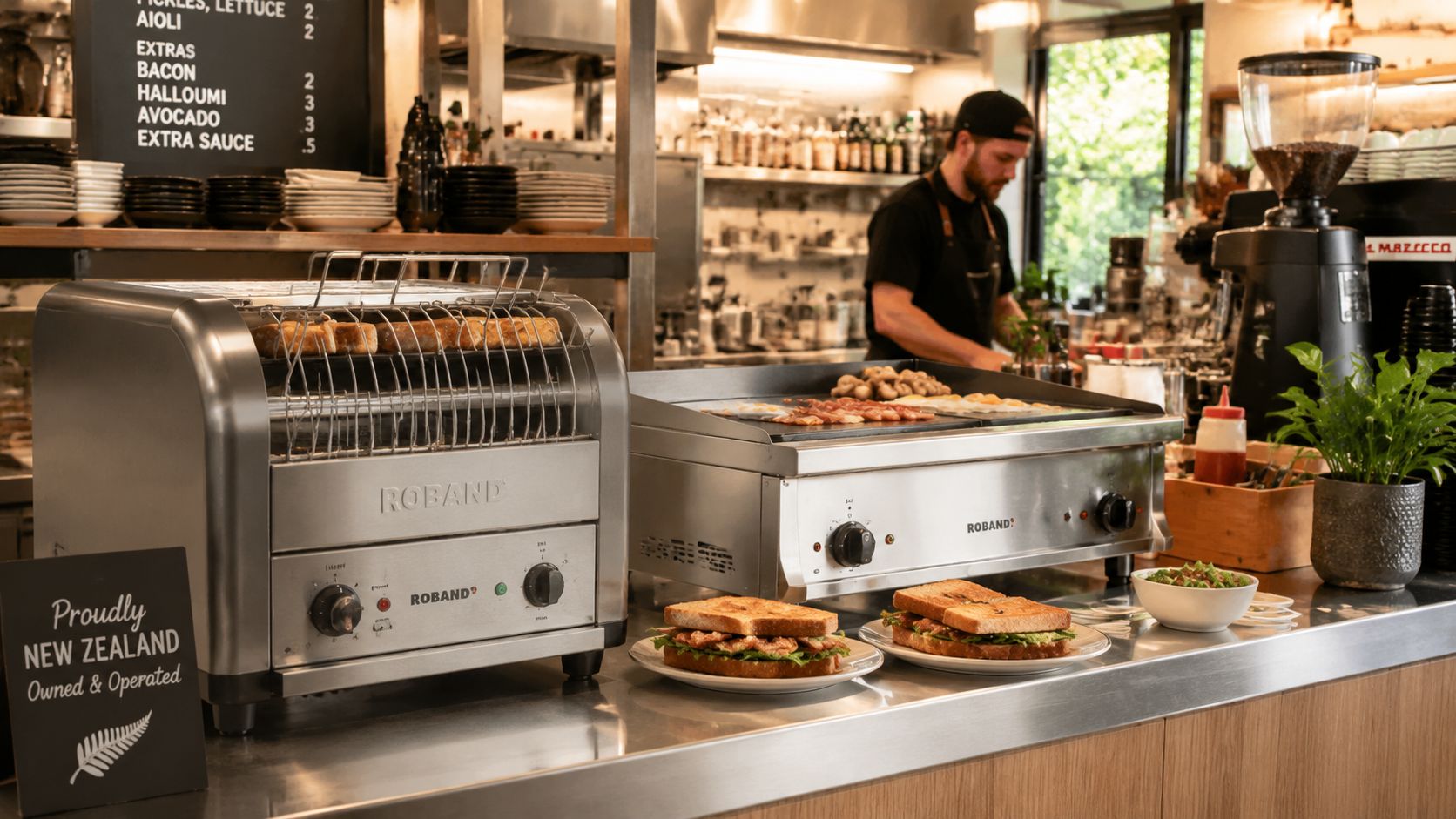 A professional kitchen counter featuring Roband appliances with fresh sandwiches prepared for service in a cafe.