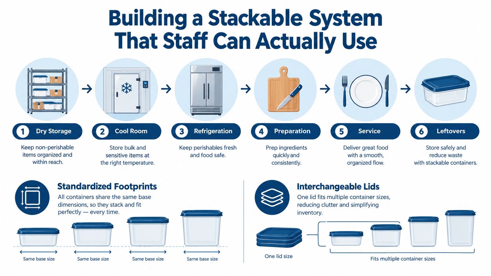 A diagram illustrating a six-step kitchen organization process using modular stackable storage containers for efficient food management.