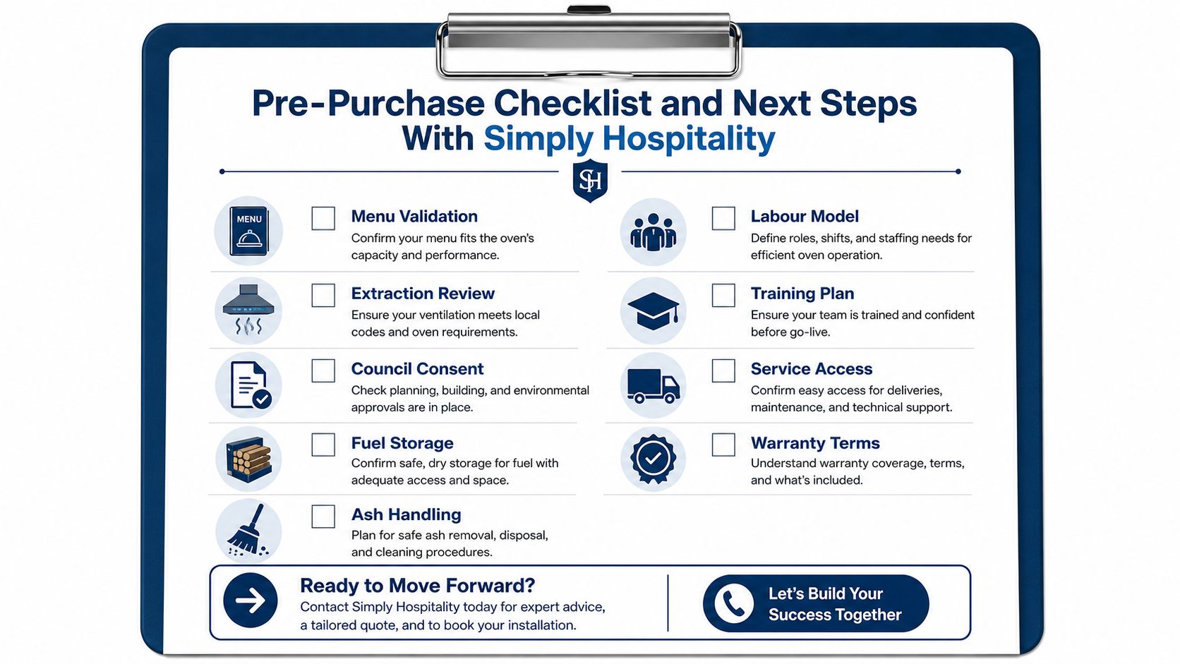 A Simply Hospitality branded checklist for commercial oven installation, outlining key planning and operational requirements.