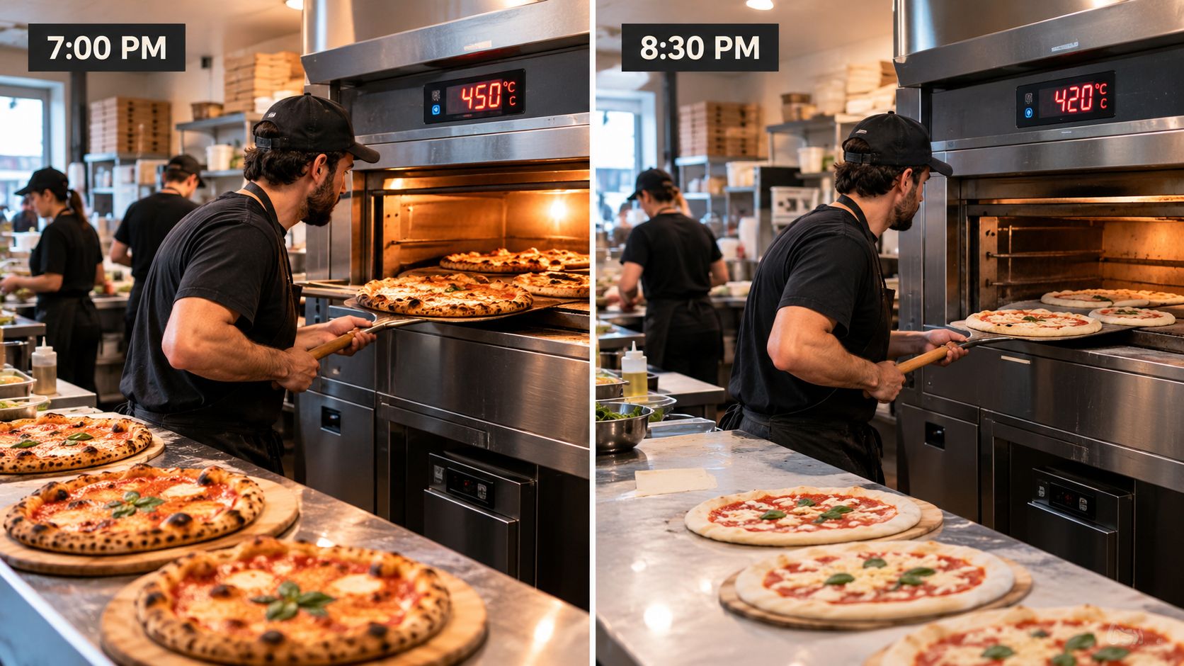 Two side-by-side images showing a pizza chef working at a pizza oven at different times and temperatures.
