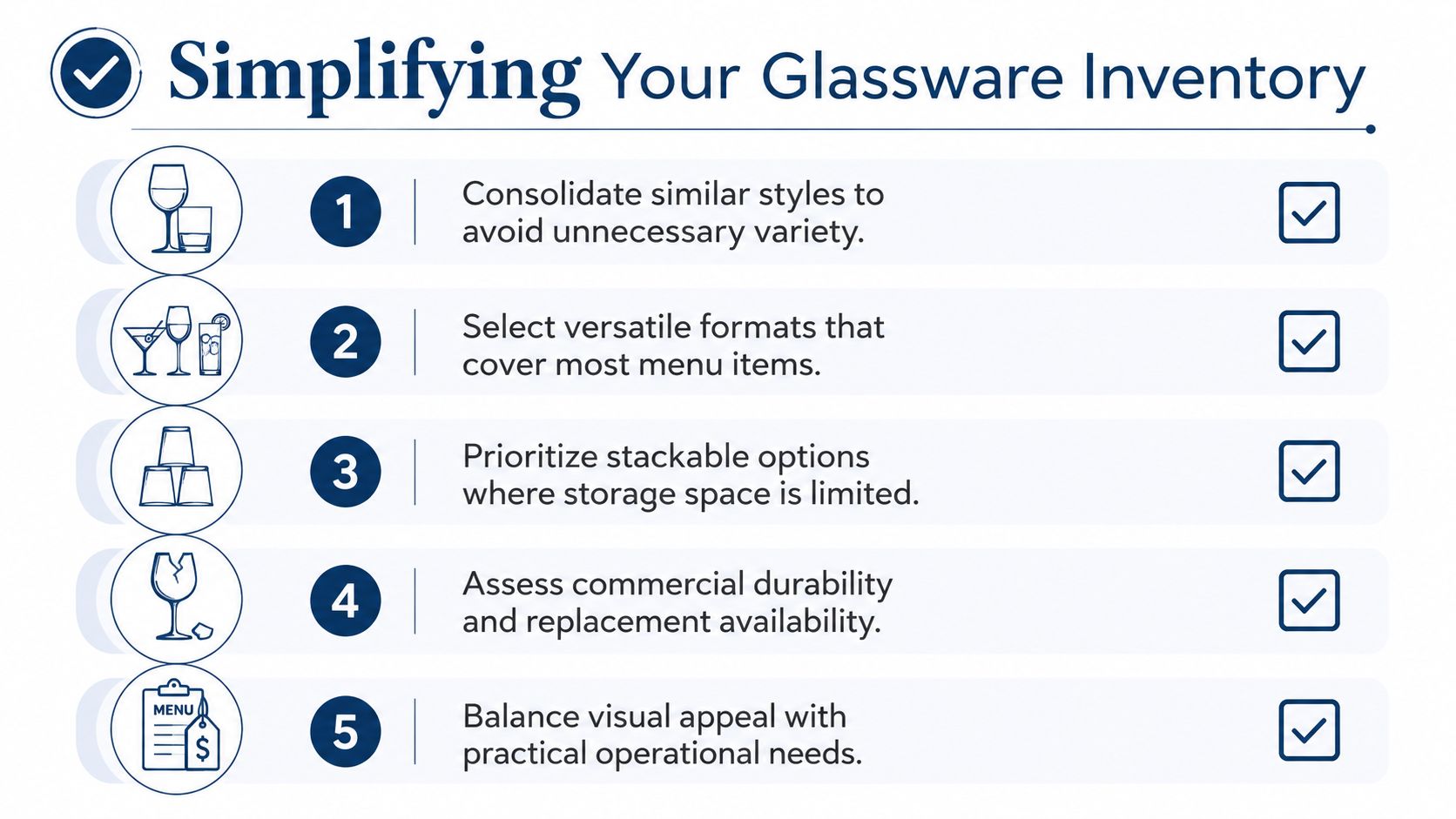 An infographic titled Simplifying Your Glassware Inventory listing five practical tips for restaurant glassware management.