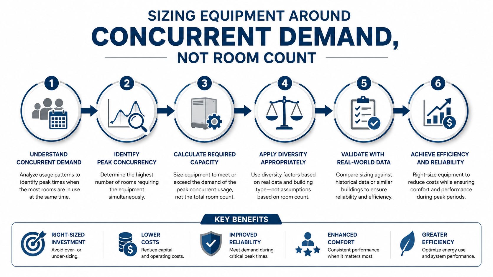 An infographic showing a six-step process for sizing building equipment based on concurrent demand rather than total room count.