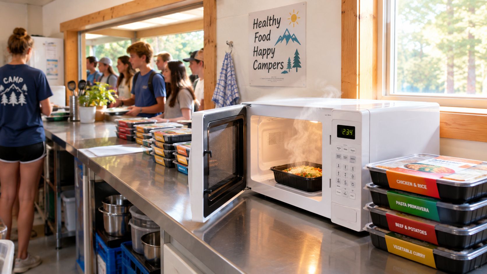A group of young campers waiting in line for food in a camp kitchen setting.