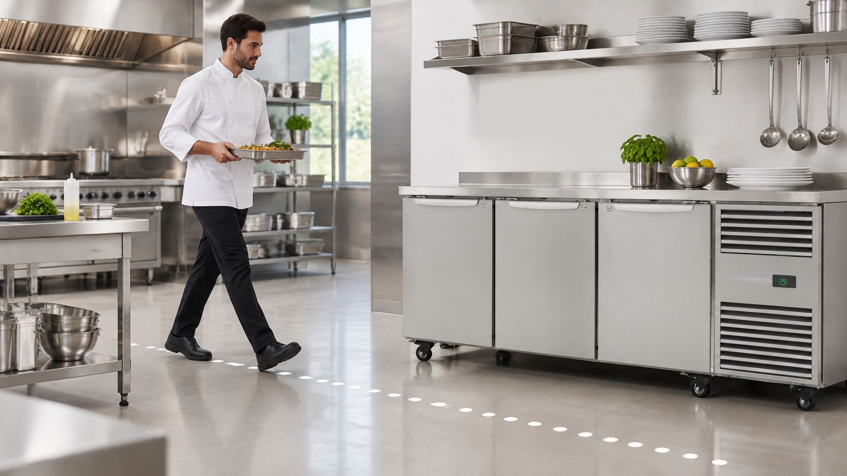 A professional chef carrying a tray across a commercial kitchen floor past stainless steel refrigerator units.