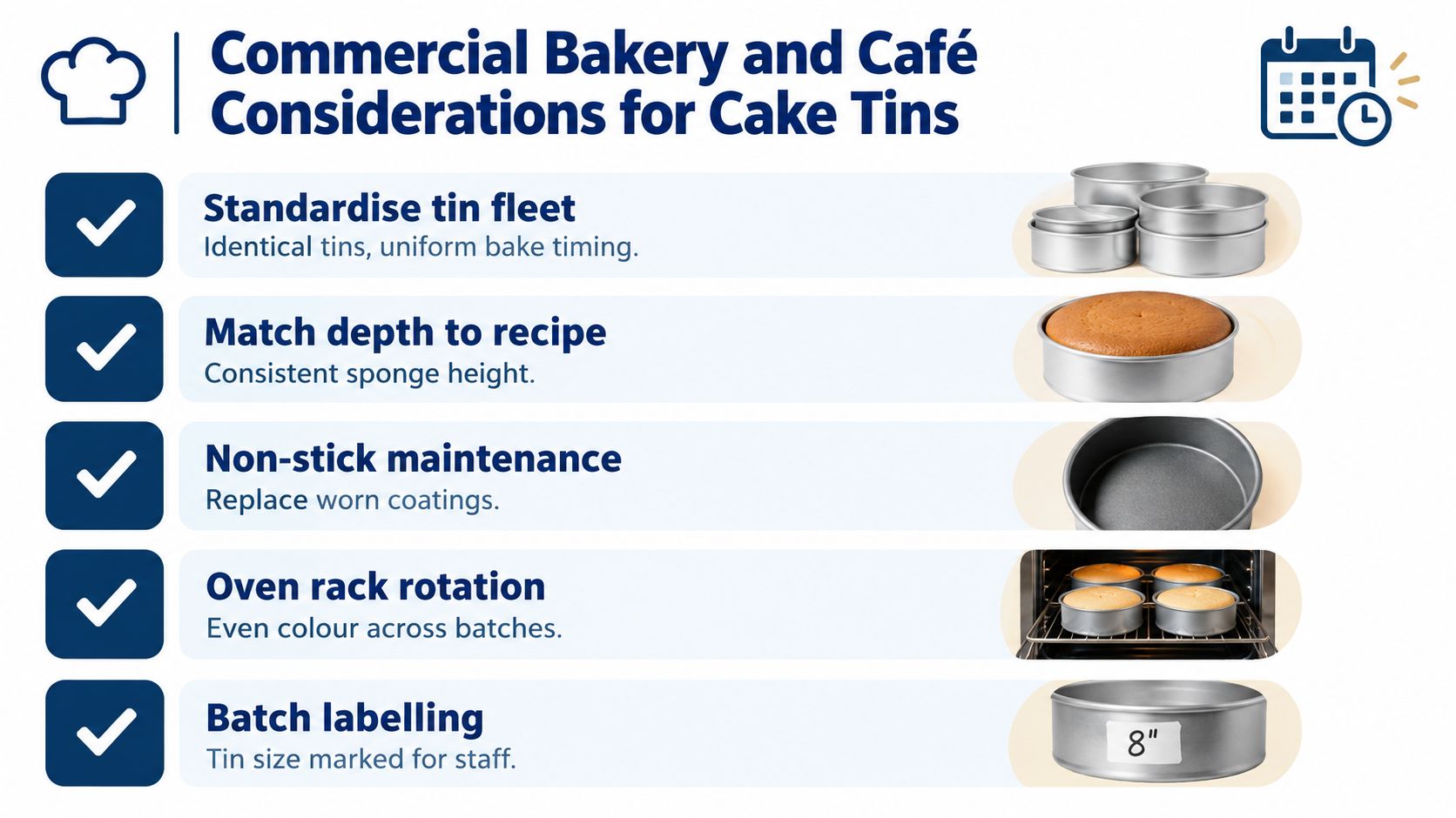 An infographic listing five key tips for managing cake tins in a commercial bakery or café setting.