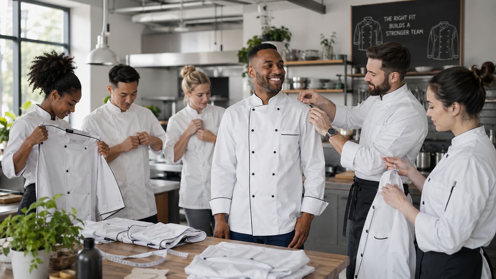 A professional chef adjusting a white chef jacket on a colleague in a commercial kitchen setting.