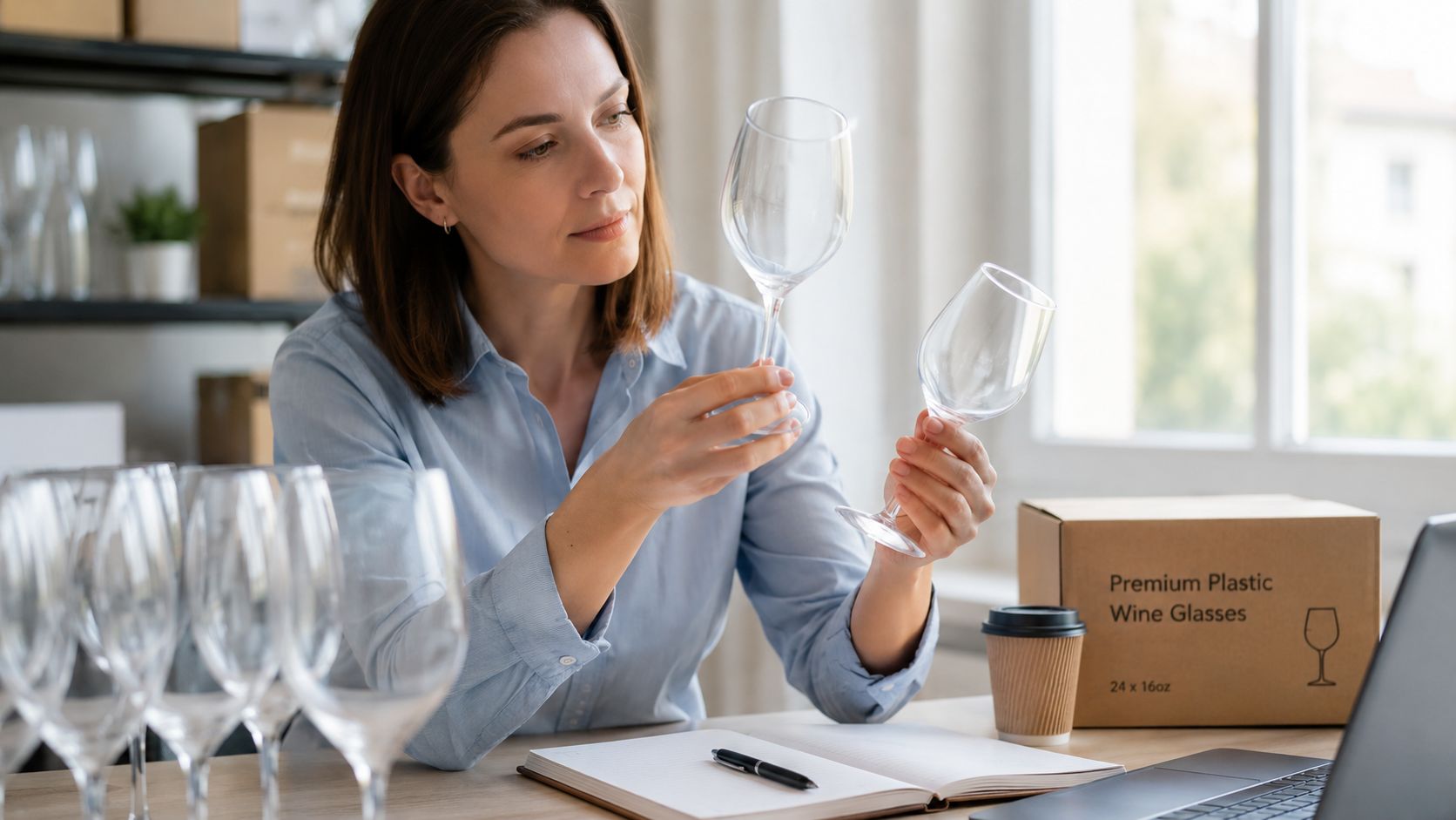 A professional woman inspecting high-quality plastic wine glasses in a well-lit office workspace with shipping supplies.