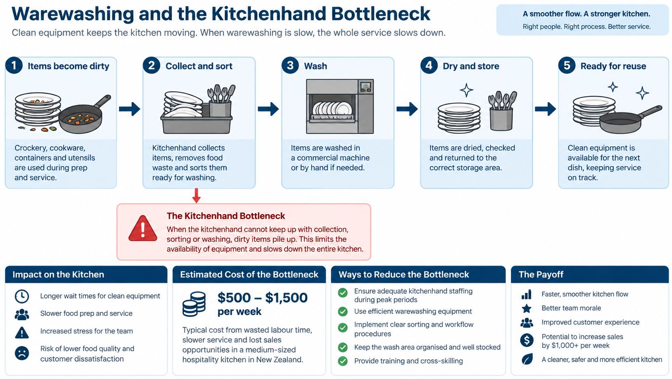 An infographic detailing the warewashing process and how kitchenhand bottlenecks impact overall kitchen efficiency and costs.