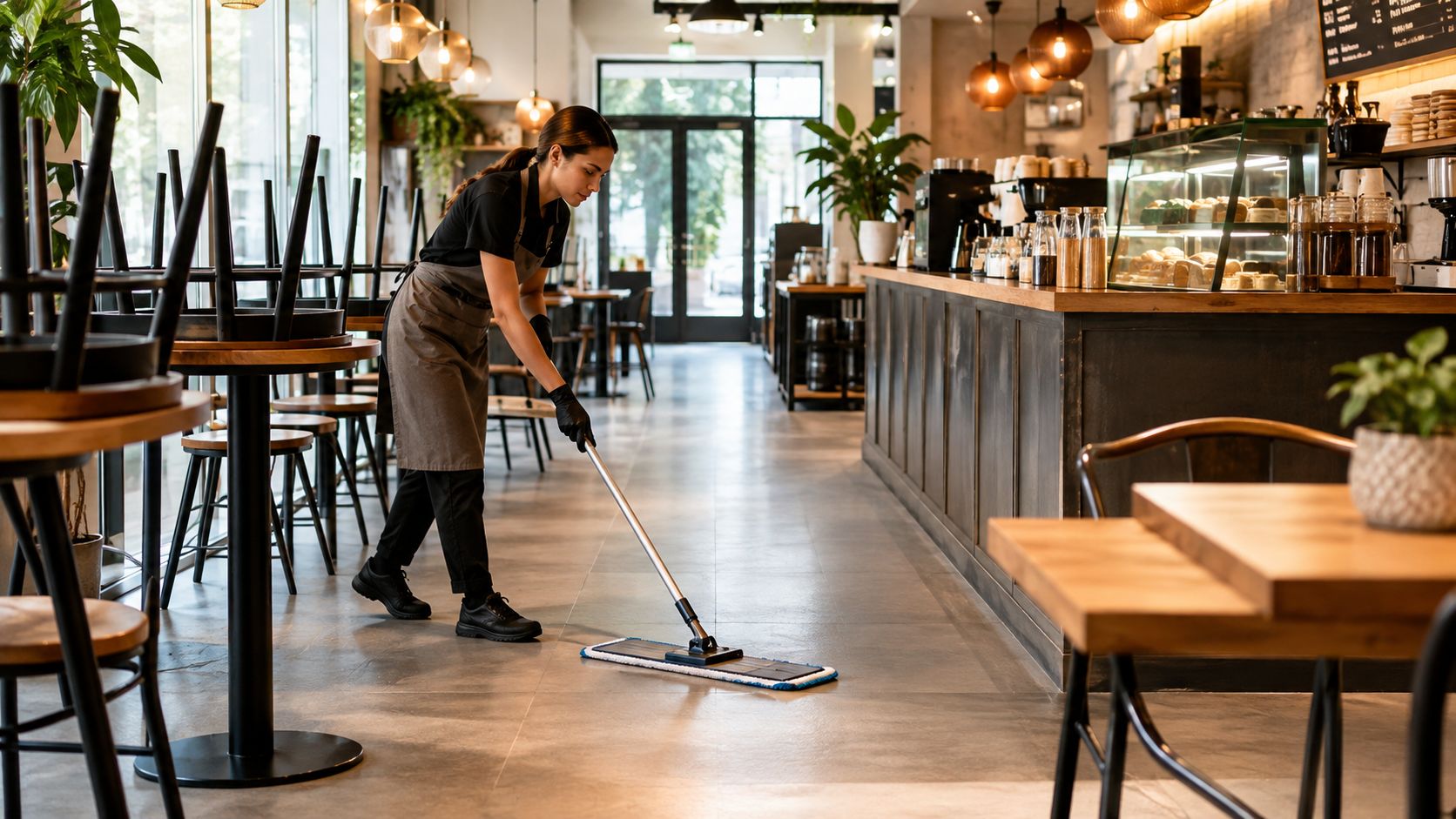 A professional cafe worker in an apron cleaning the floor with a mop in a restaurant