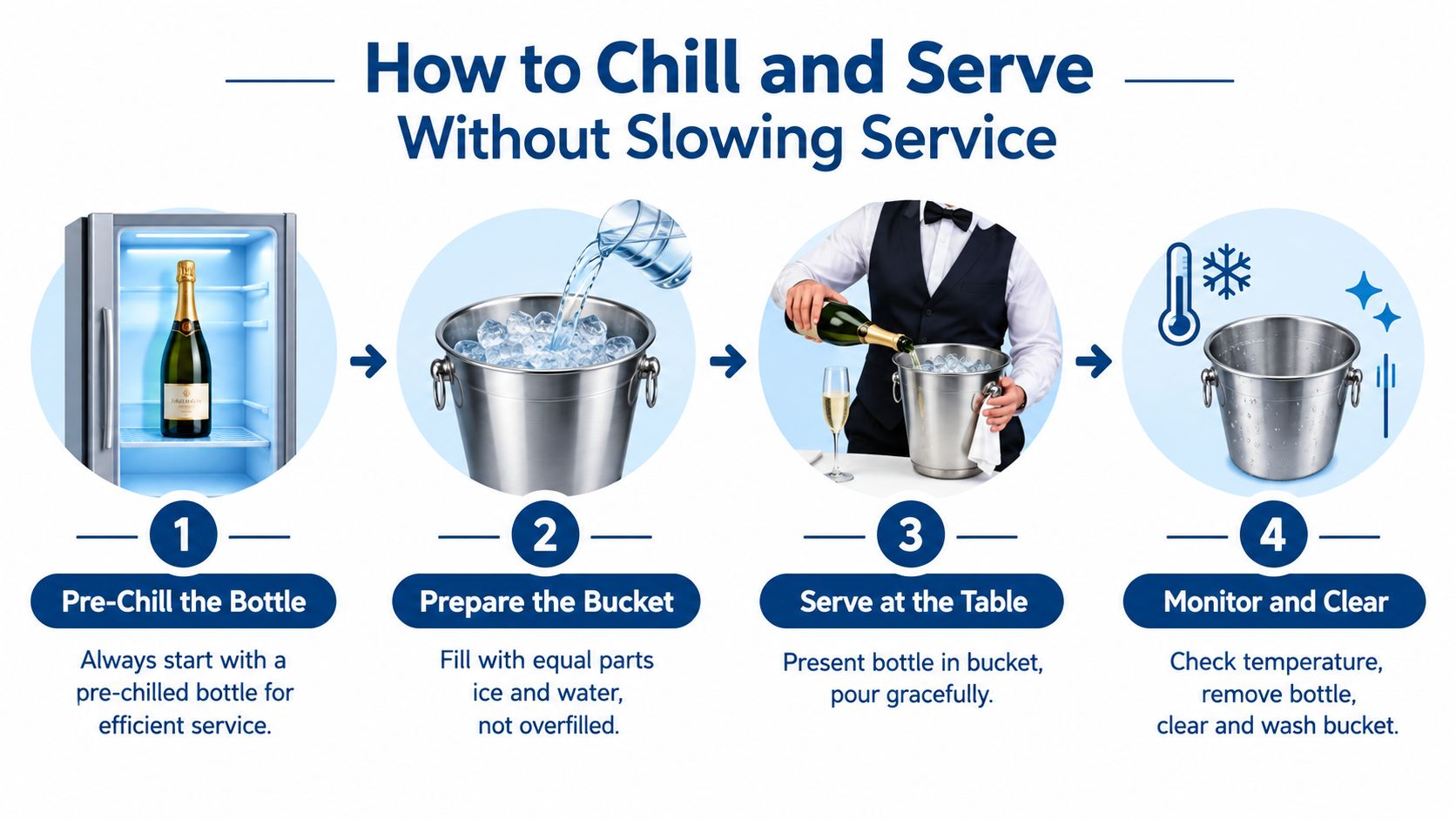 An infographic showing four steps to chill and serve champagne efficiently using a bucket and ice.