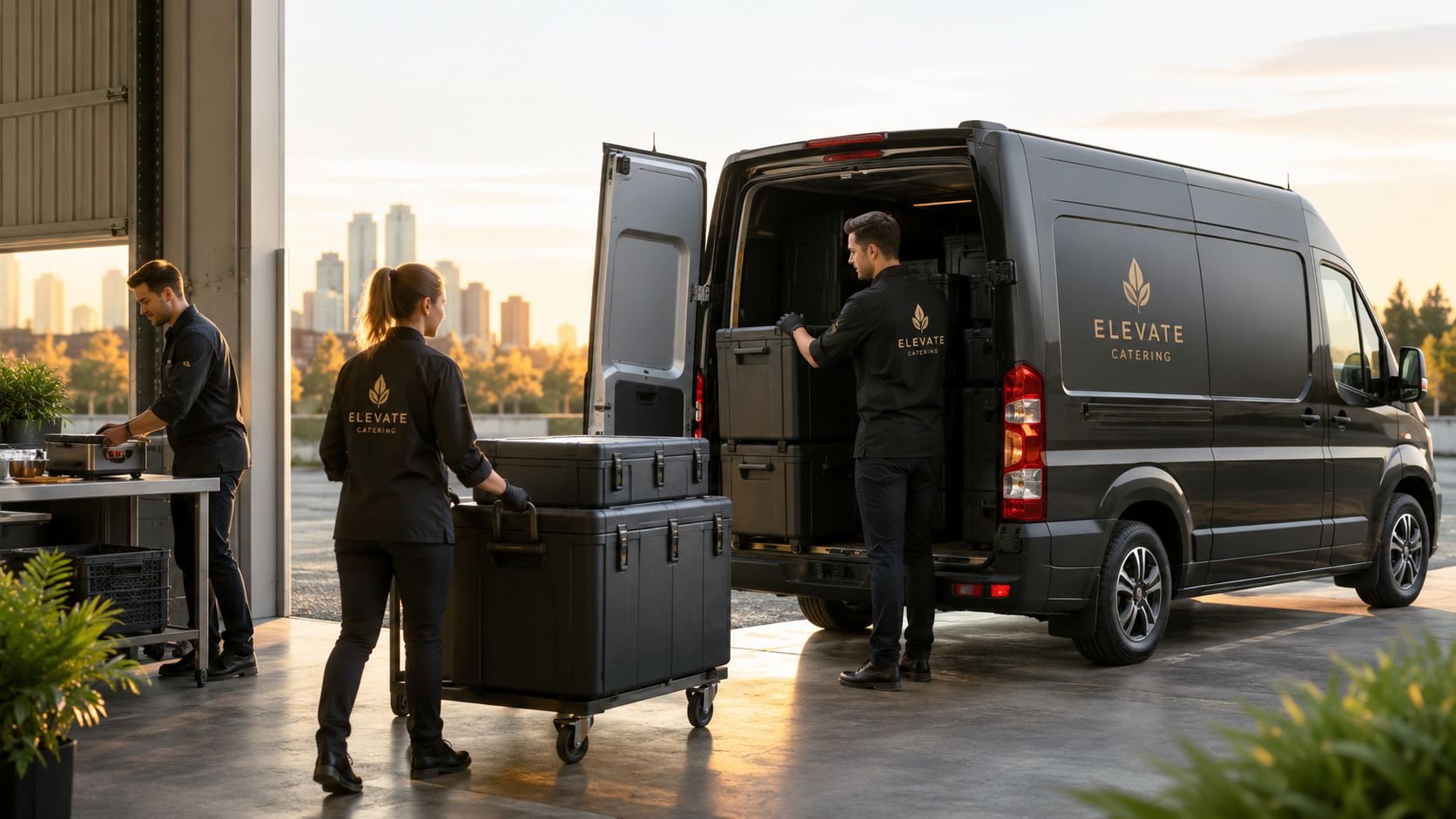 Three catering staff loading equipment into a black van for an outdoor event at sunset.