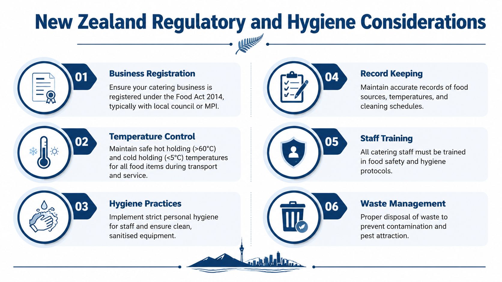 An infographic showing six regulatory and hygiene considerations for catering businesses in New Zealand.