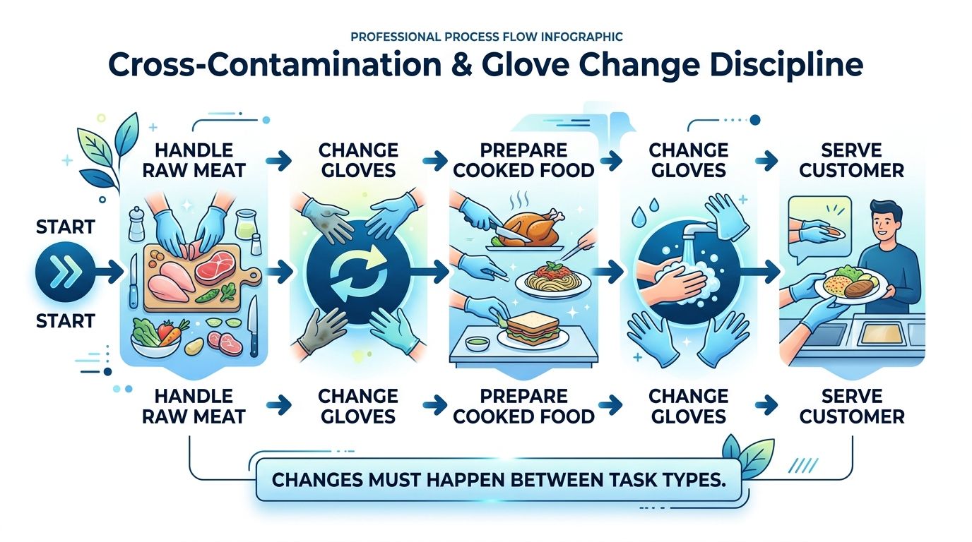 An infographic illustrating the proper process flow for changing gloves to prevent cross-contamination in food service.