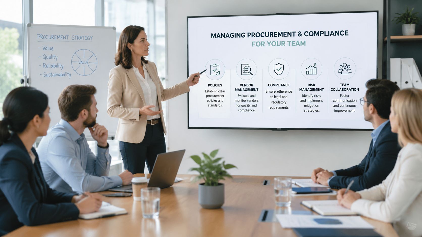 A businesswoman presents a procurement and compliance strategy to her team during a professional office meeting.
