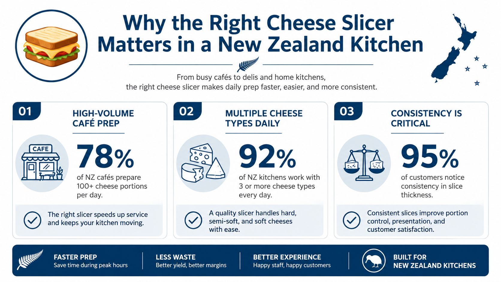 An infographic titled Why the Right Cheese Slicer Matters in a New Zealand Kitchen with statistics.