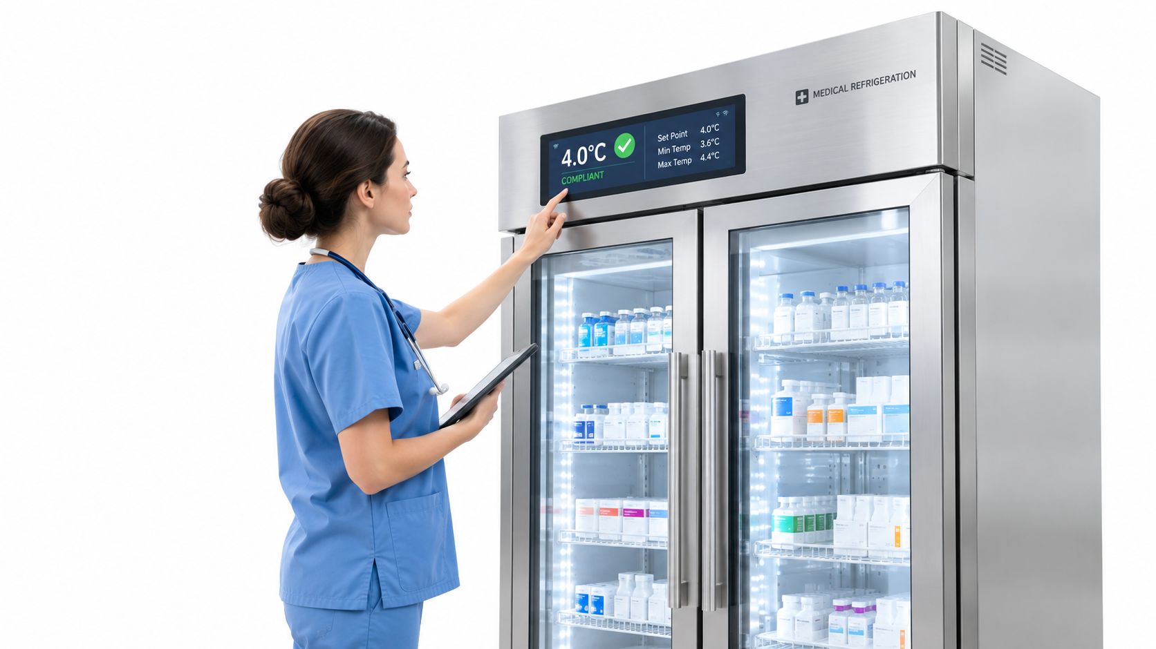 A healthcare professional checking a smart medical refrigerator showing compliant temperature levels for medication storage.