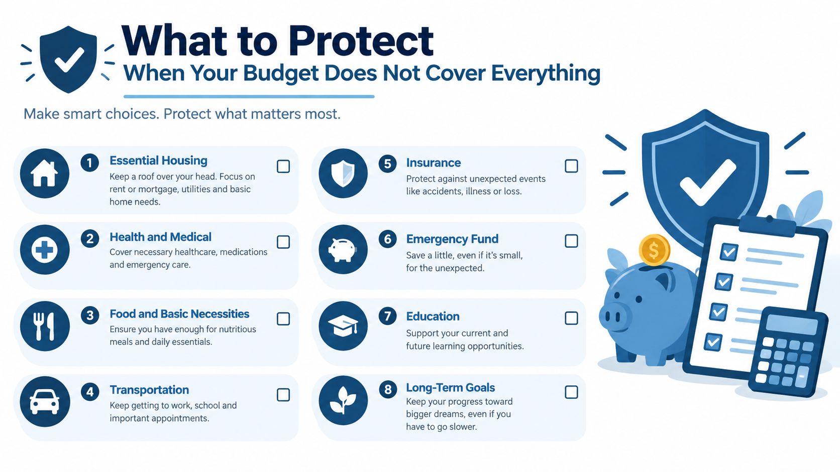 A checklist infographic titled What to Protect, outlining eight essential areas to prioritize in your budget.