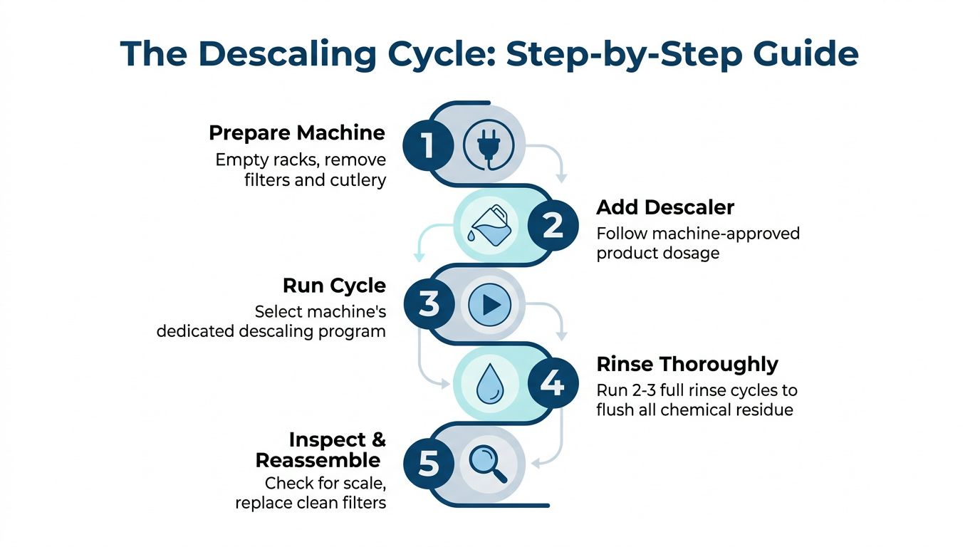A five-step guide on how to perform a descaling cycle for a commercial dishwasher machine.