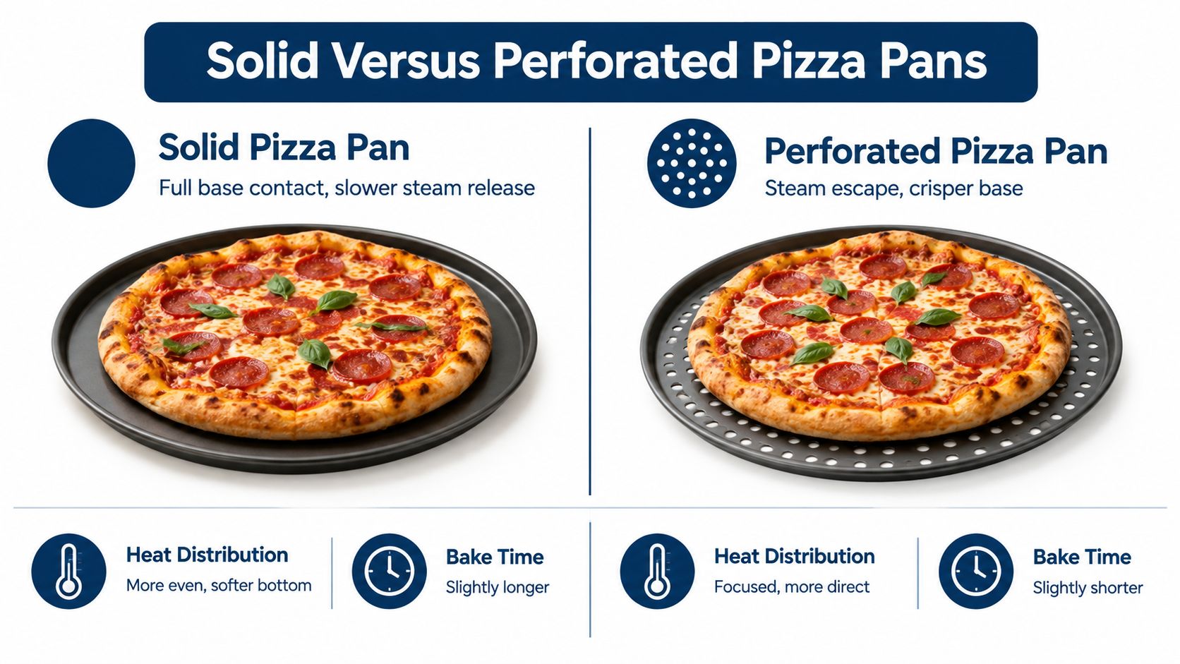 A comparison chart showing the differences between solid and perforated pizza pans for baking pizzas.