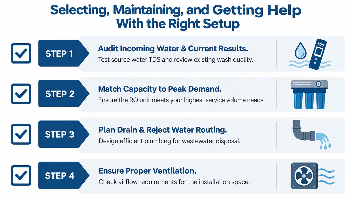 A four-step infographic showing how to select, maintain, and get help with a reverse osmosis water system.