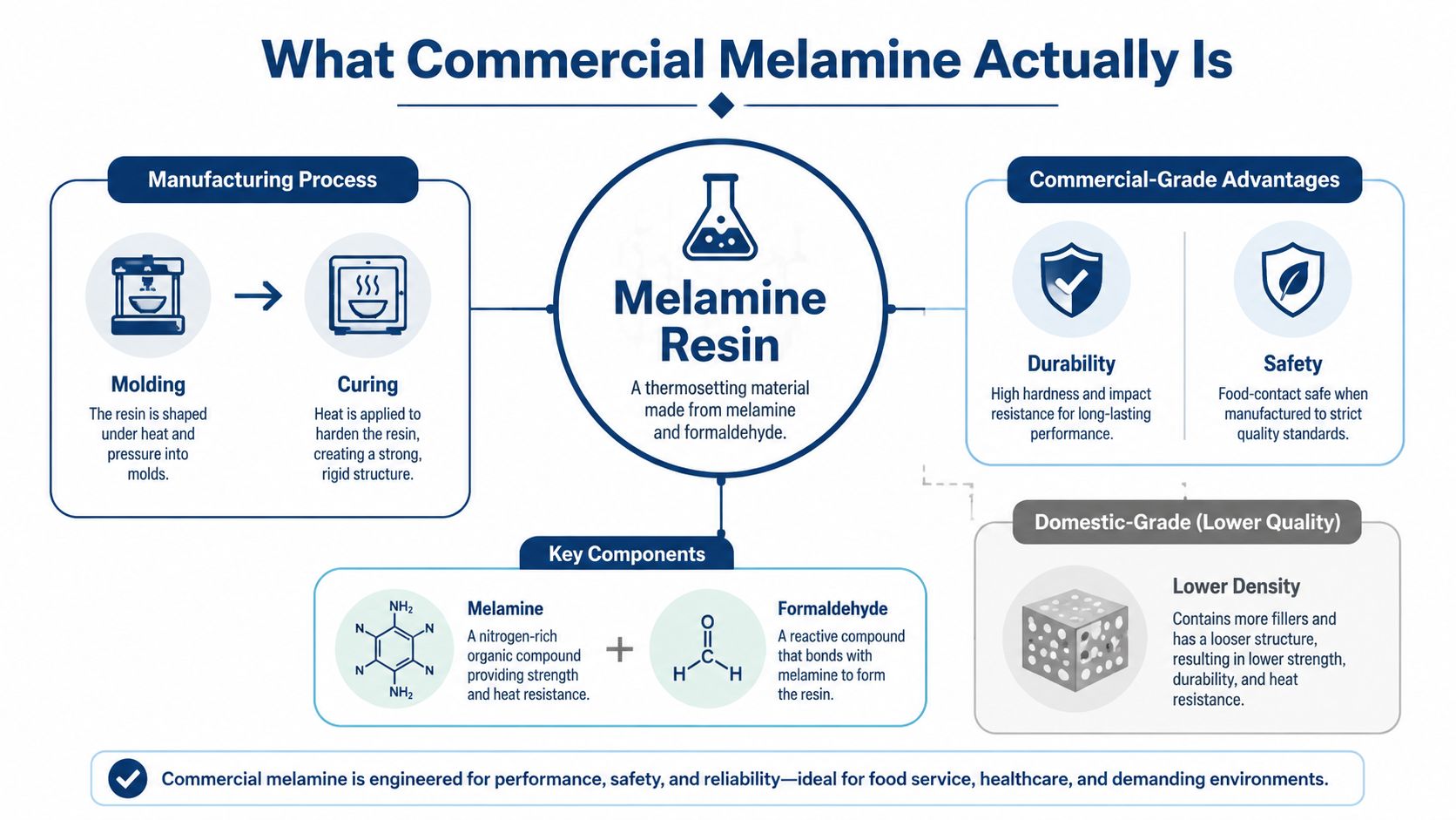 An infographic explaining the manufacturing process, components, and safety benefits of commercial-grade melamine resin dinnerware.