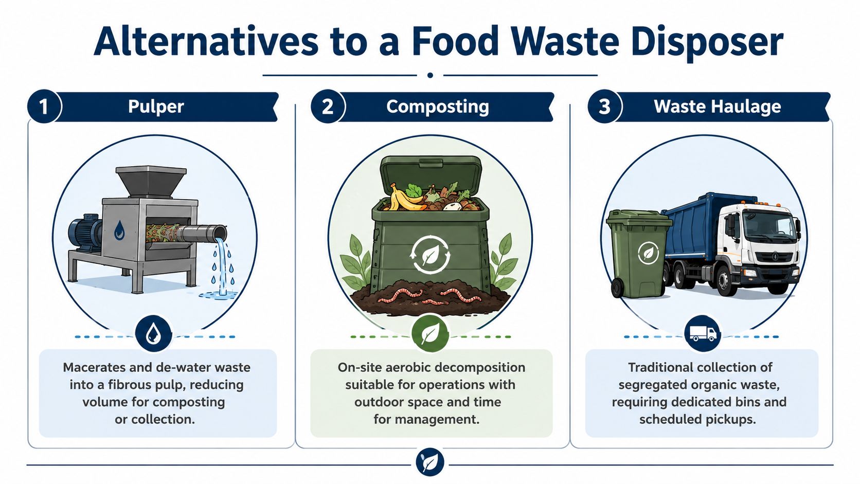 An infographic illustrating three common alternatives to a food waste disposer: industrial pulpers, composting, and waste haulage.