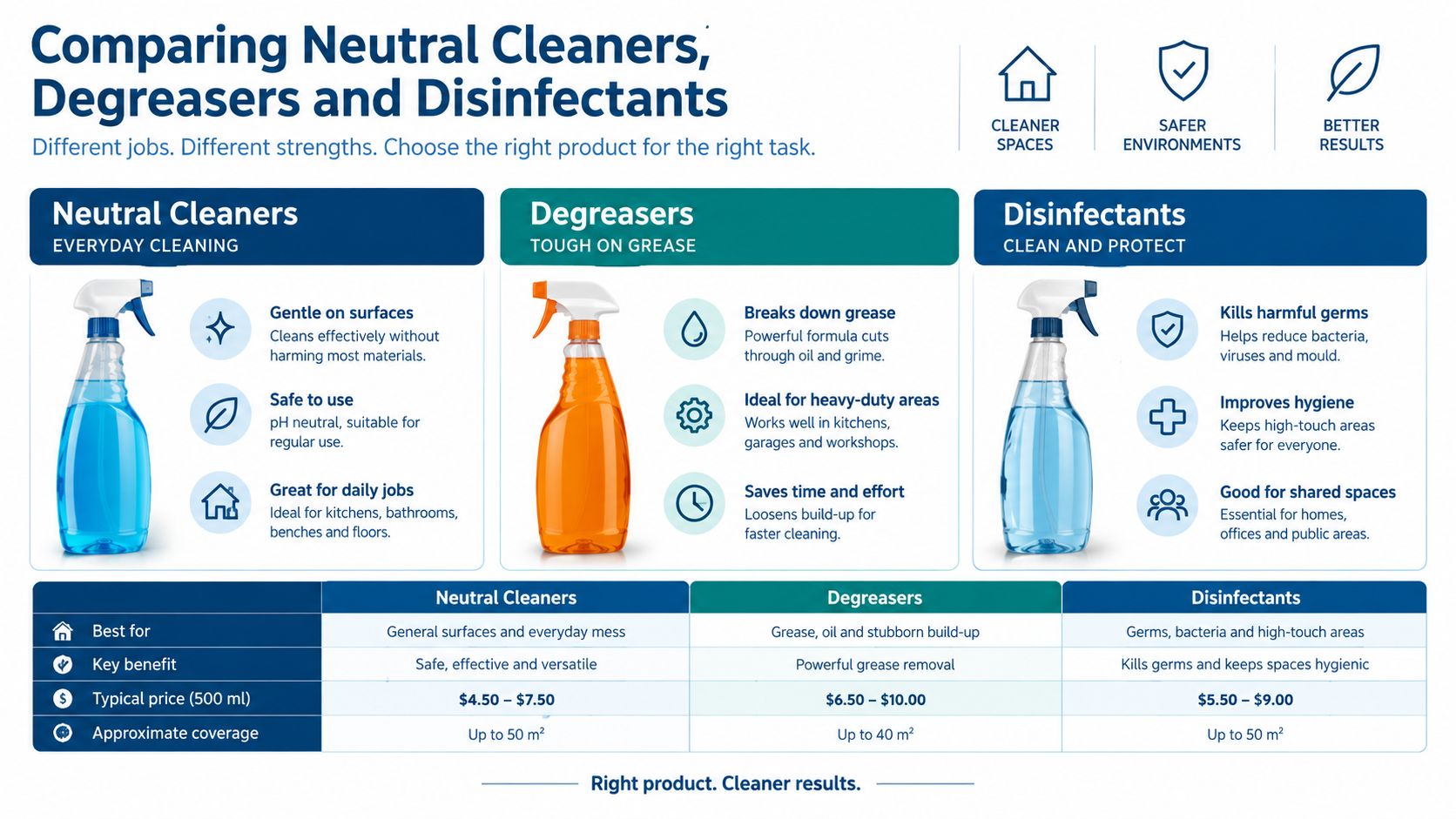A comparison chart showing the benefits, usage, and typical pricing of neutral cleaners, degreasers, and disinfectants for cleaning.