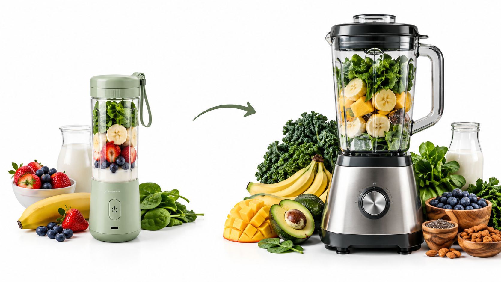 A comparison showing a compact portable blender next to a larger countertop blender with fresh smoothie ingredients.