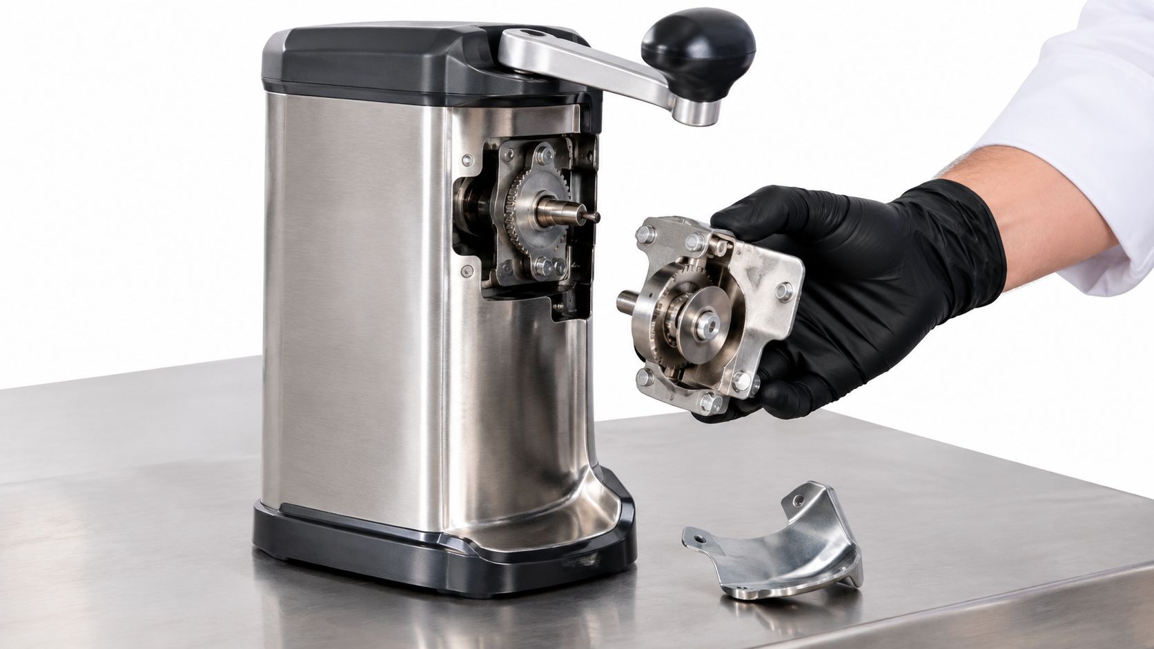 A professional chef's gloved hand disassembling a high-quality stainless steel commercial can opener on a table.