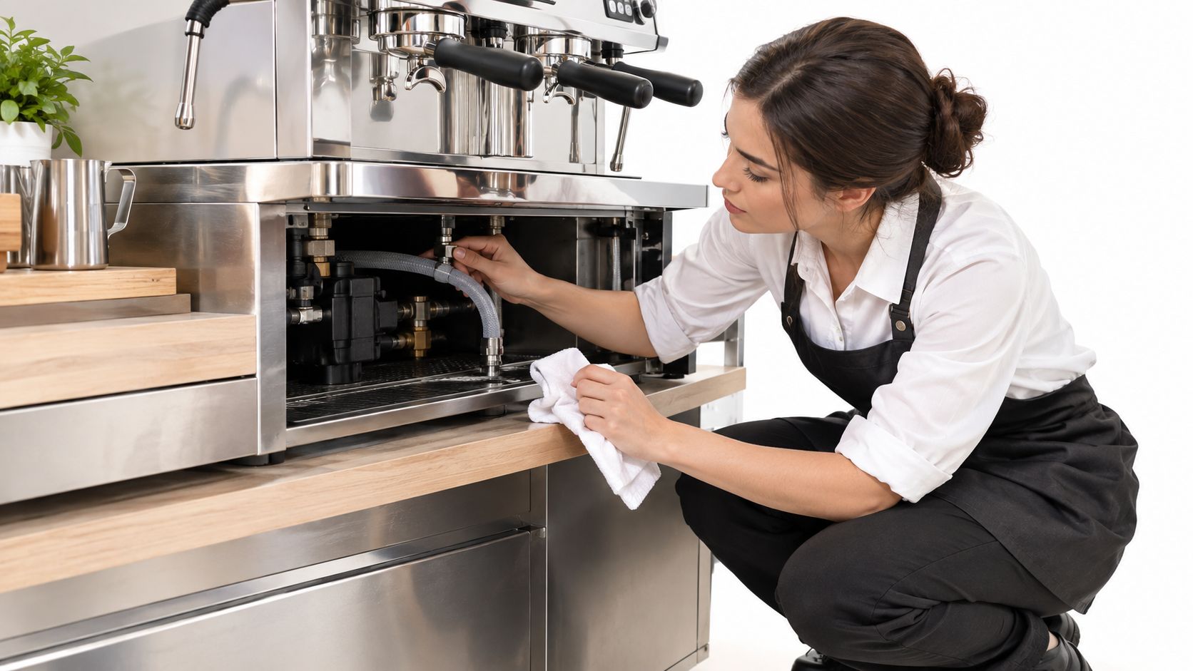 A professional barista cleaning the internal components of a commercial espresso machine with a white cloth.