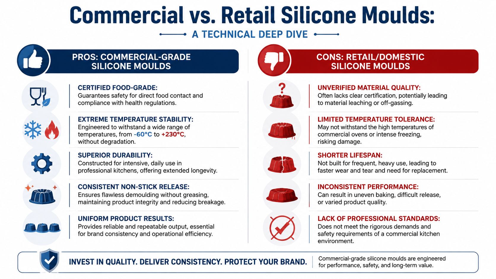 A comparison chart outlining the professional advantages of commercial-grade silicone moulds versus domestic retail moulds.