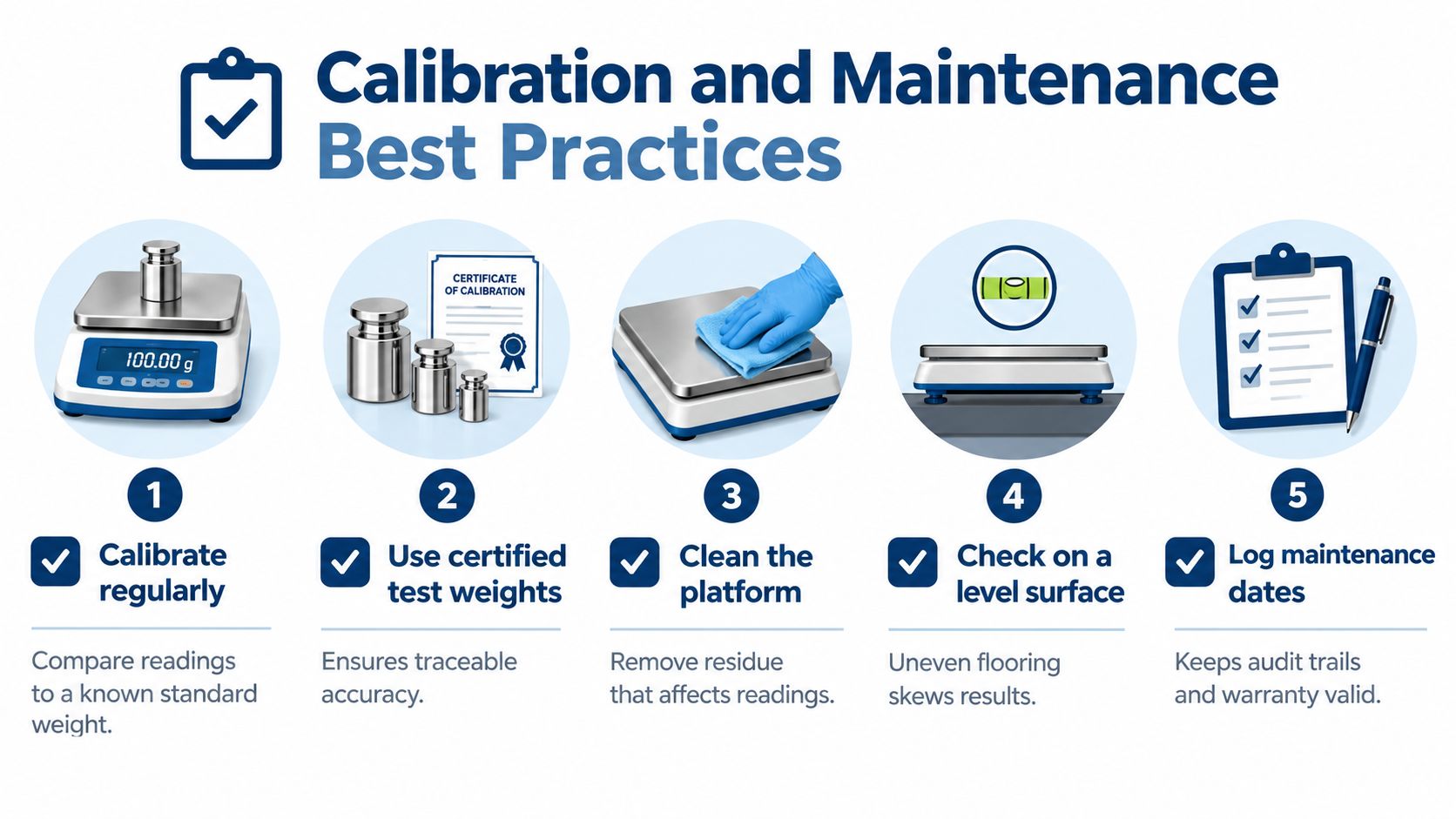 An infographic detailing five best practices for calibrating and maintaining commercial scales for accurate weighing.