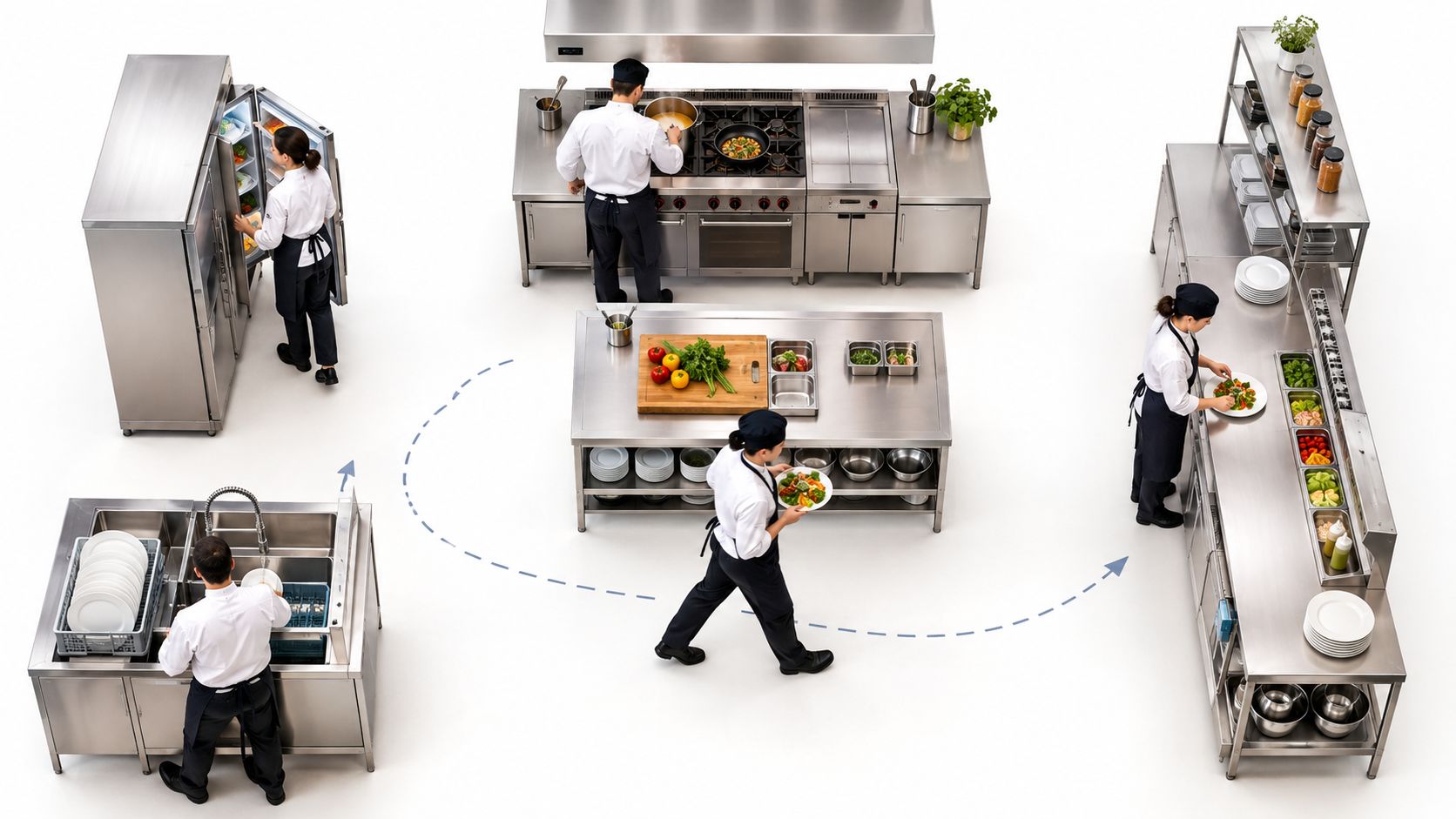 Professional chefs in a high-efficiency commercial kitchen workflow arranged to illustrate systematic food preparation and service.