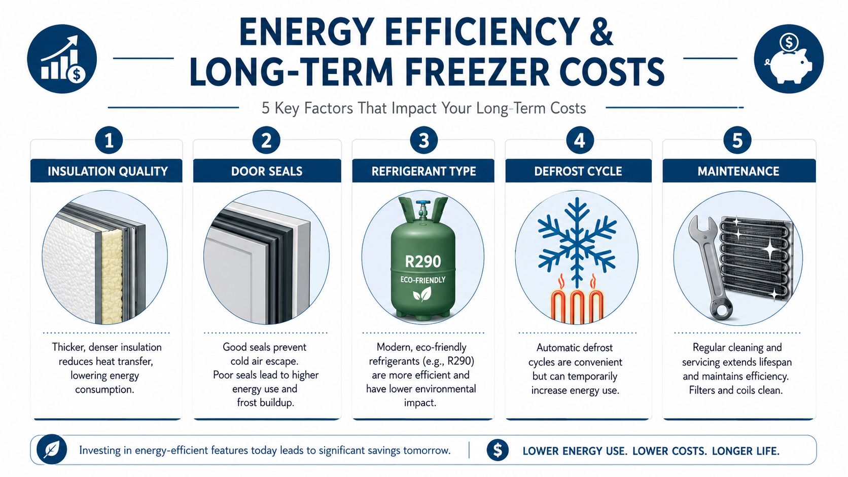 An infographic detailing five key factors that impact the long-term energy efficiency and operating costs of commercial freezers.