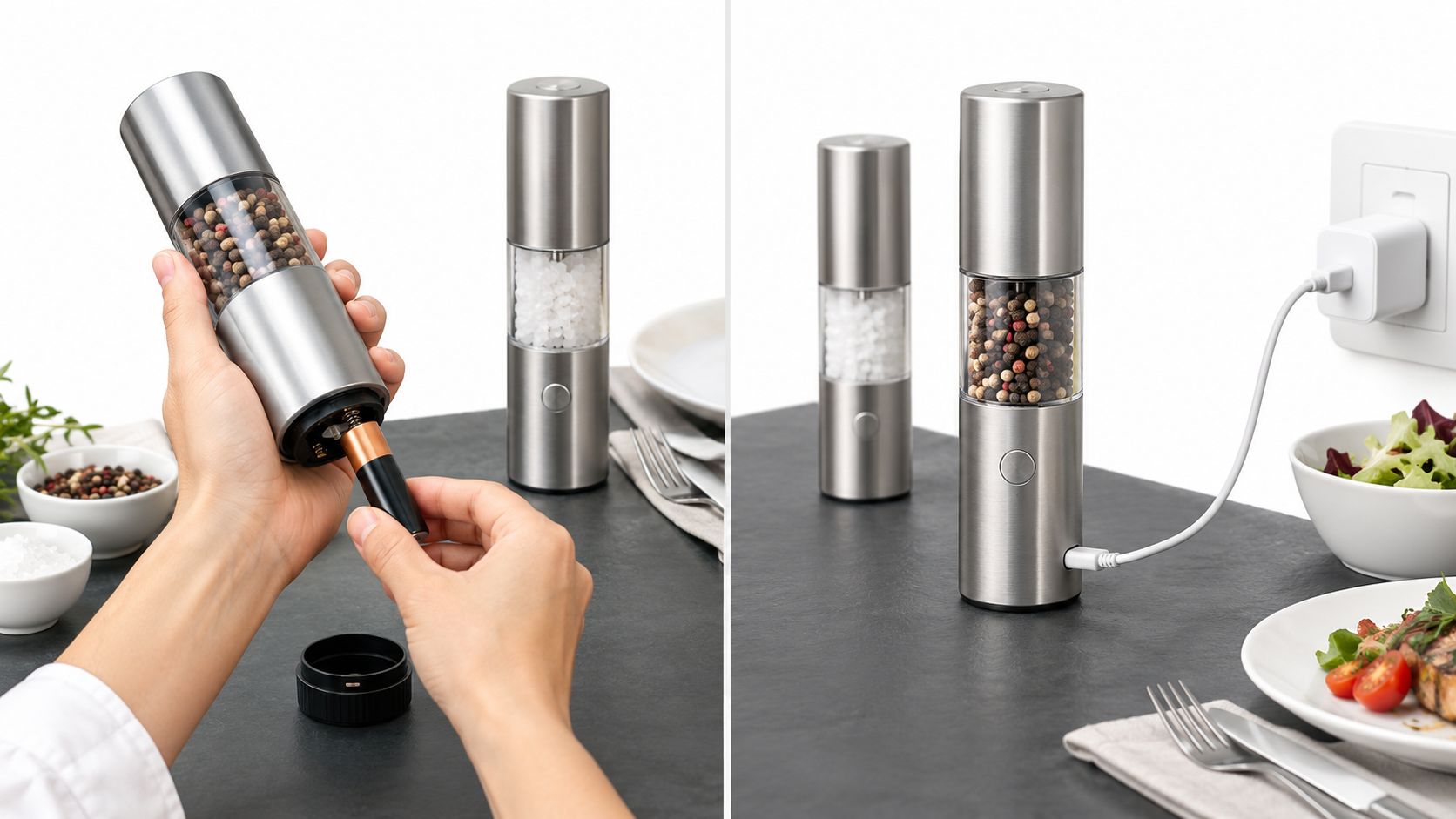 A person charging and loading rechargeable electric salt and pepper grinders on a modern dining table.