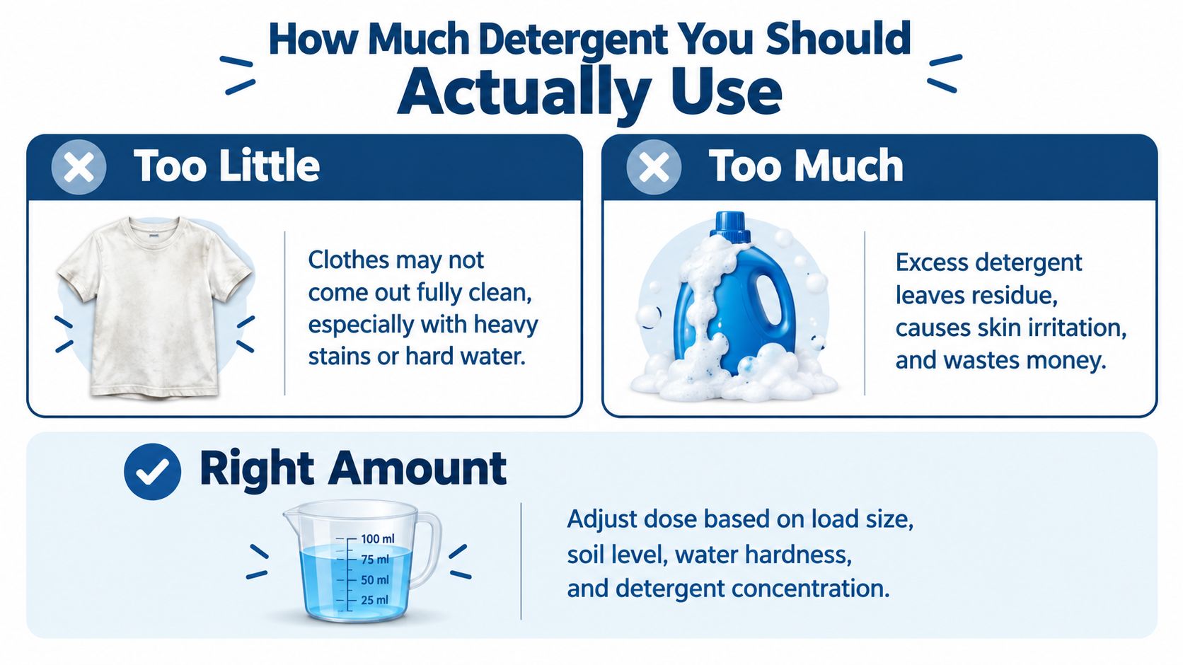 An infographic showing the correct amount of laundry detergent to use for washing clothes effectively.