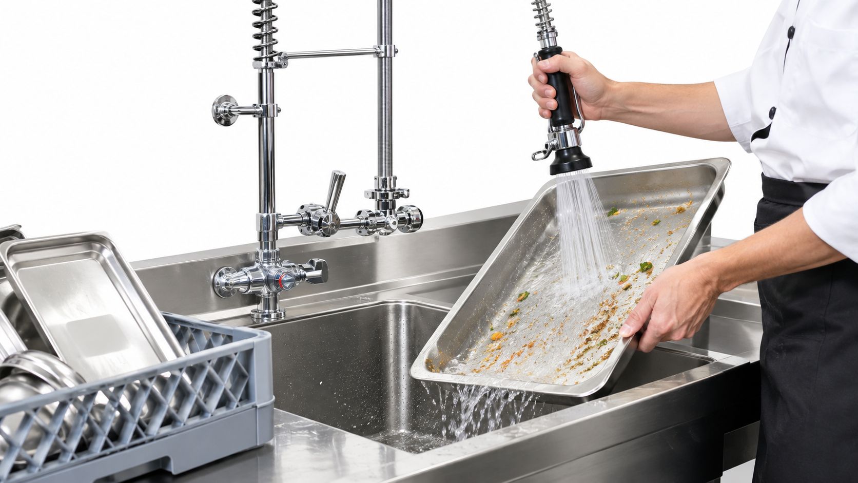 A professional chef cleaning a dirty food tray using a stainless steel commercial kitchen faucet with sprayer.