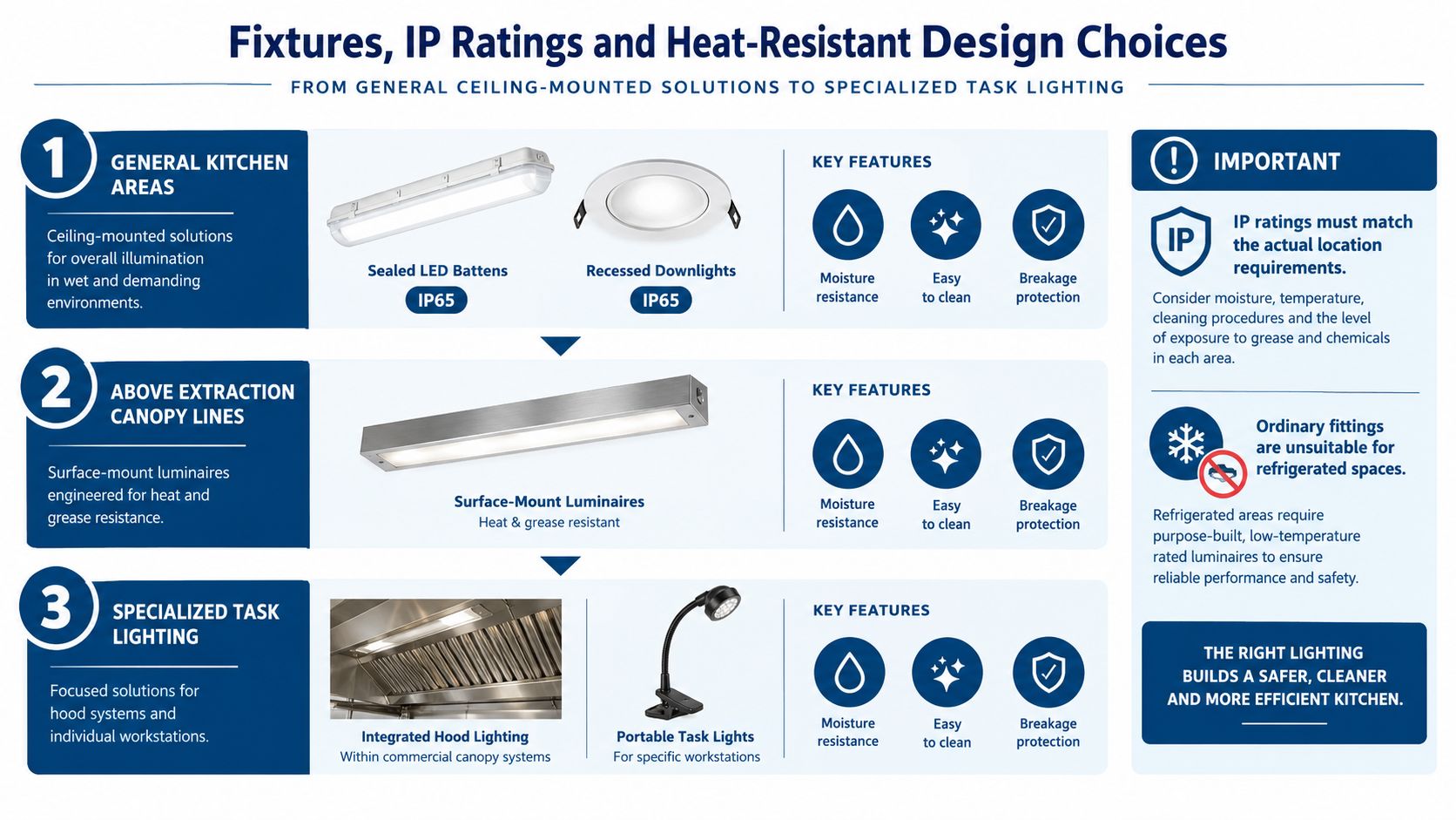An infographic detailing essential lighting fixture types, IP ratings, and heat-resistant design choices for commercial kitchens.