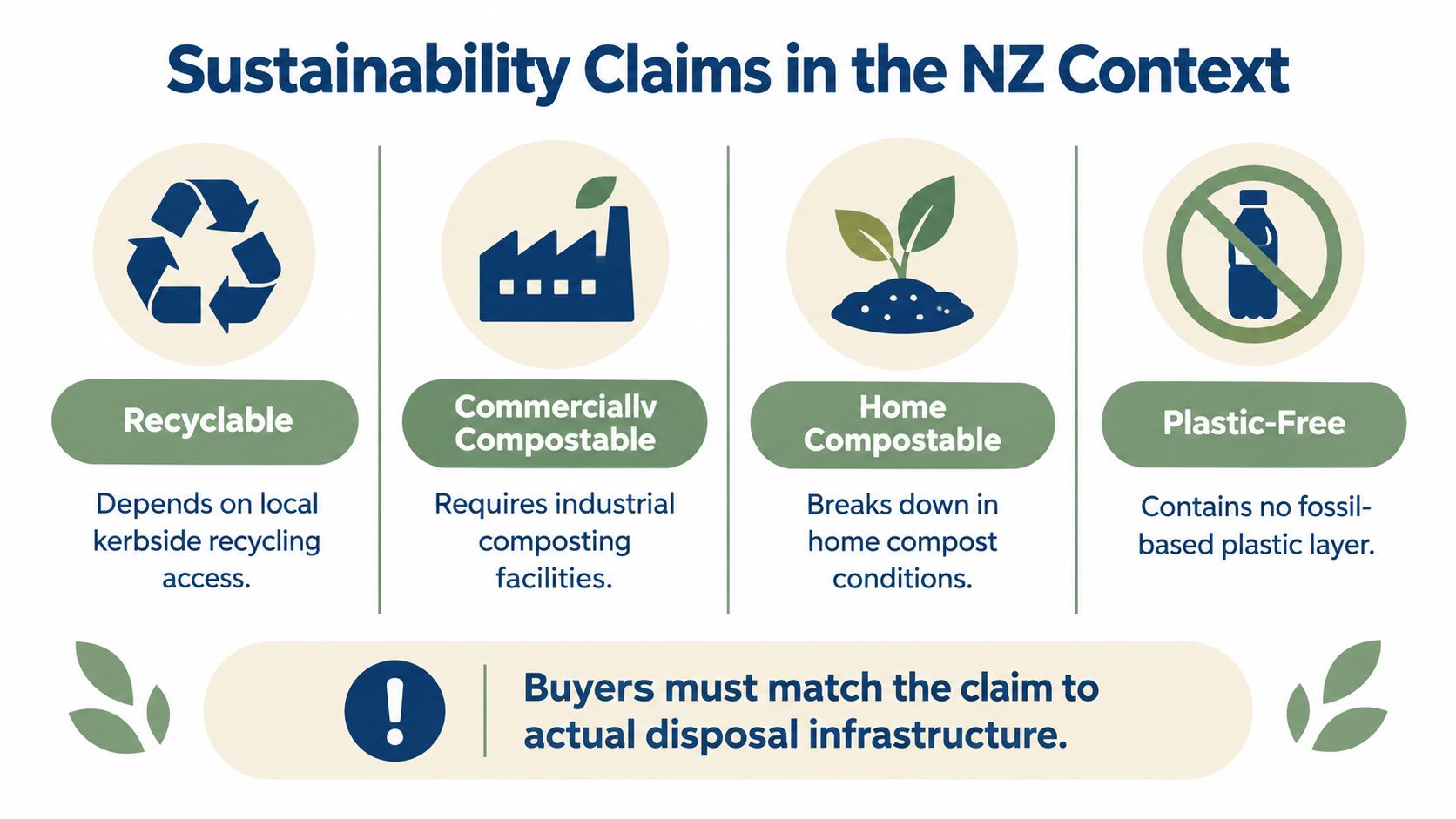 An infographic explaining sustainability claims like recyclable, compostable, and plastic-free for packaging in New Zealand.