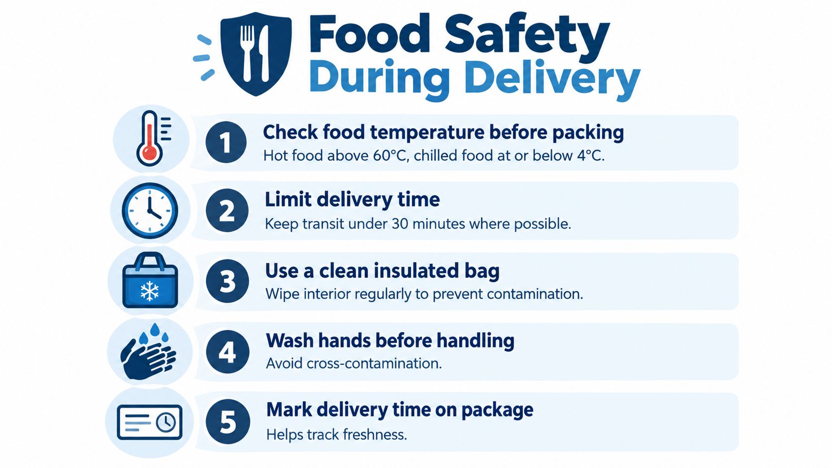 An infographic titled Food Safety During Delivery illustrating five steps to ensure safe food transportation.