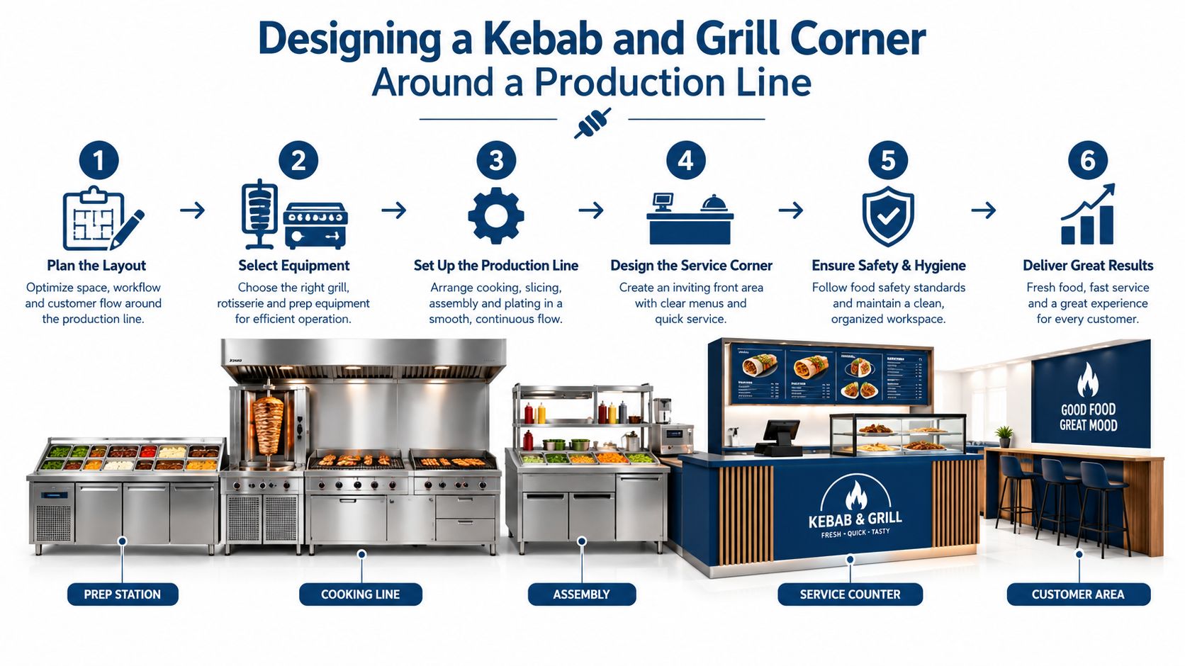 A step-by-step guide to designing a professional kebab and grill corner, illustrating kitchen equipment and service layout.